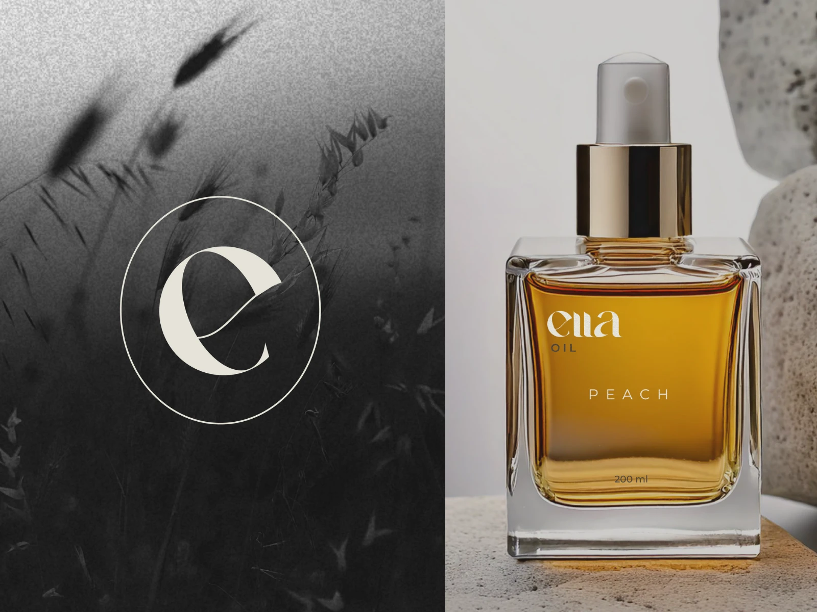 Submark + a sleek glass bottle containing peach-based hair and skin oil. The design highlights the natural essence of the product through clean, elegant branding.