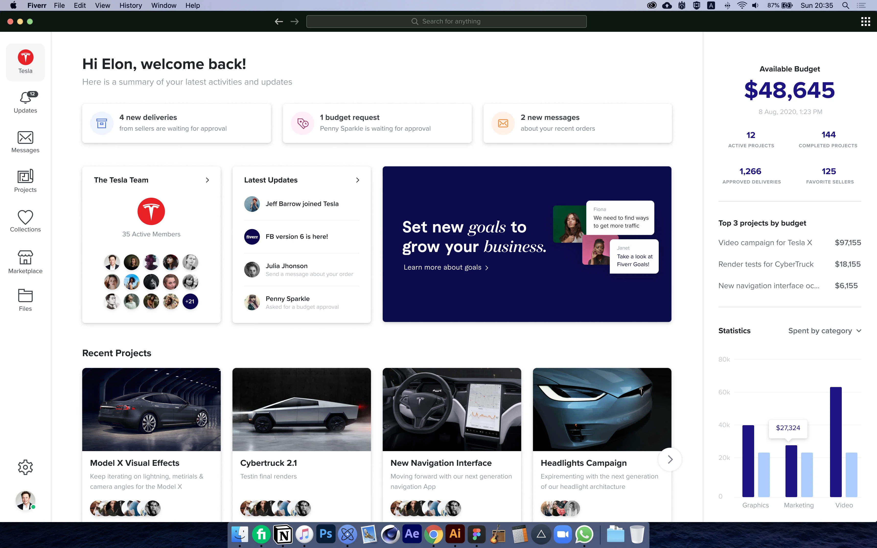Main Desktop App screen including budget, users, projects and navigation