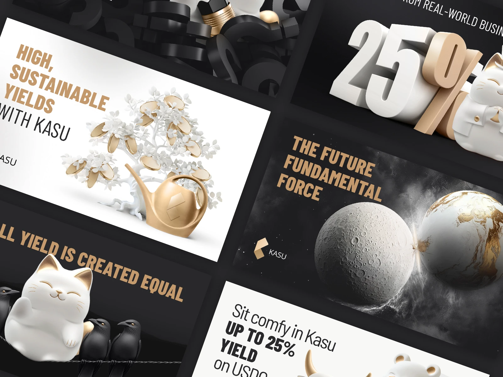 Marketing materials showcasing Kasu's visual identity across digital assets — from yield campaigns to brand storytelling and platform promotion.