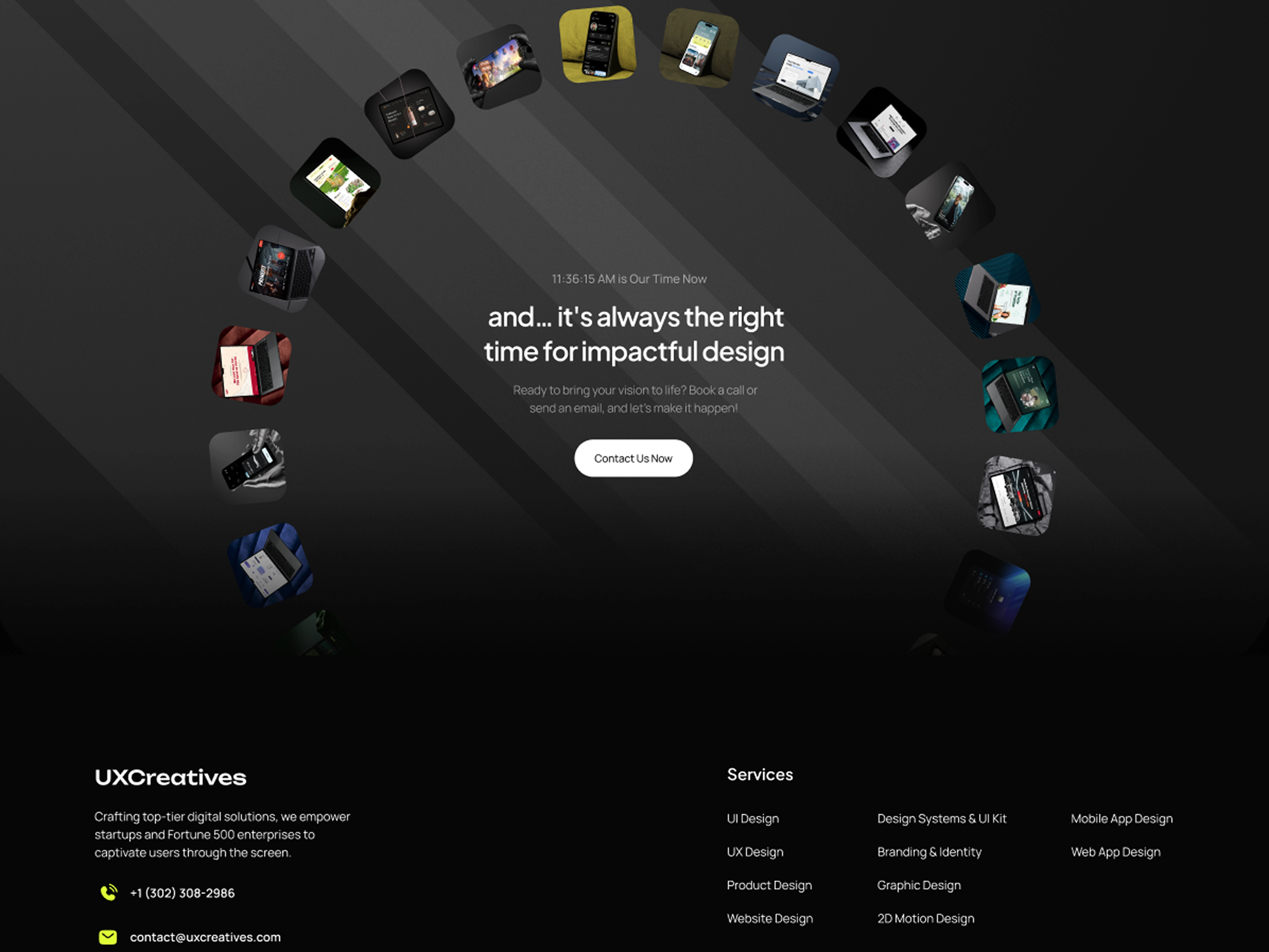 Animated call-to-action section followed by the footer on the UxCreatives Web Design Services landing page in Webflow – designed to grab attention, encourage inquiries, and provide seamless navigation to key links.