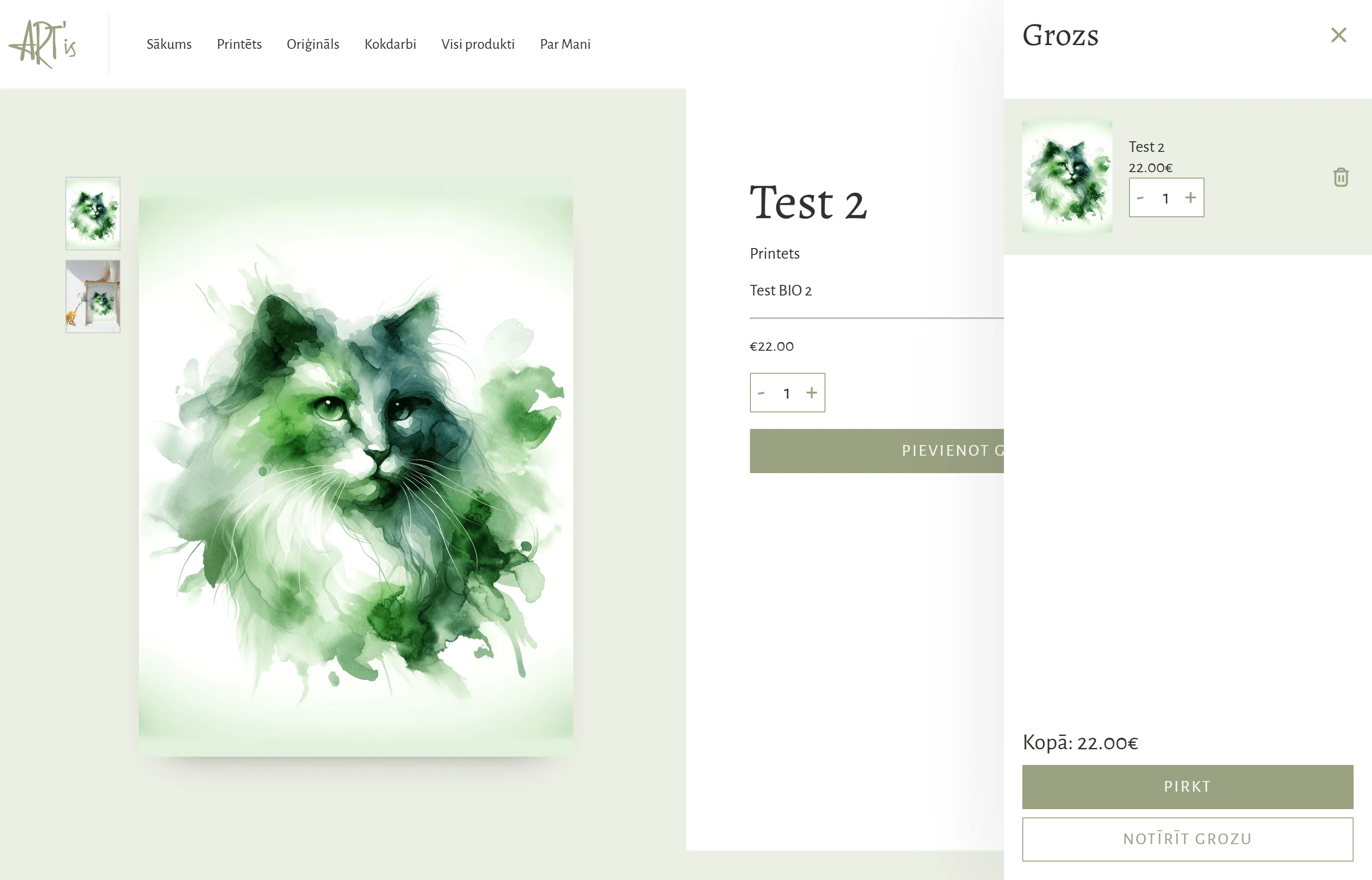 Singular item page and shopping cart