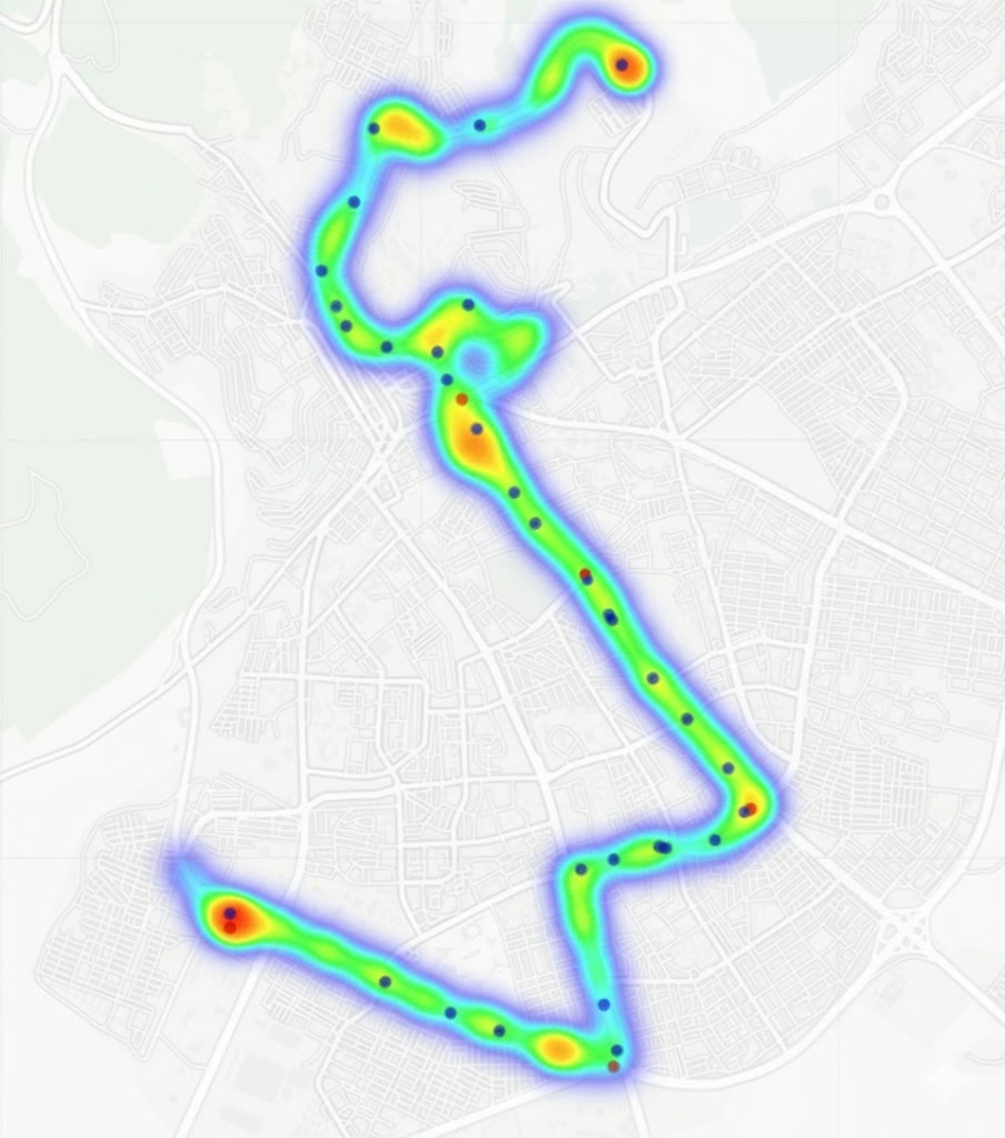 Blue denote actual bus stops and red denote false-positive red lights.