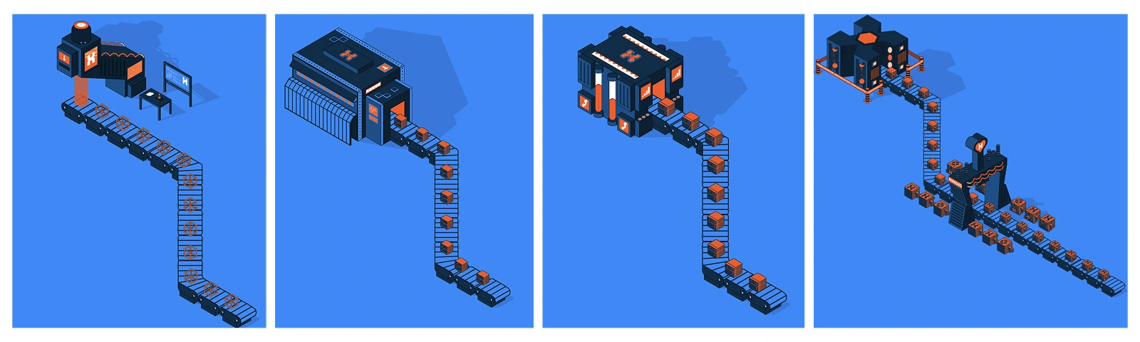 Separated artboards per station with seamless isometric transitions.