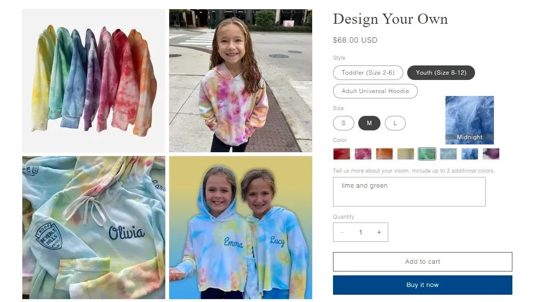 Key features: product personalization, color-swatch, responsive product layout