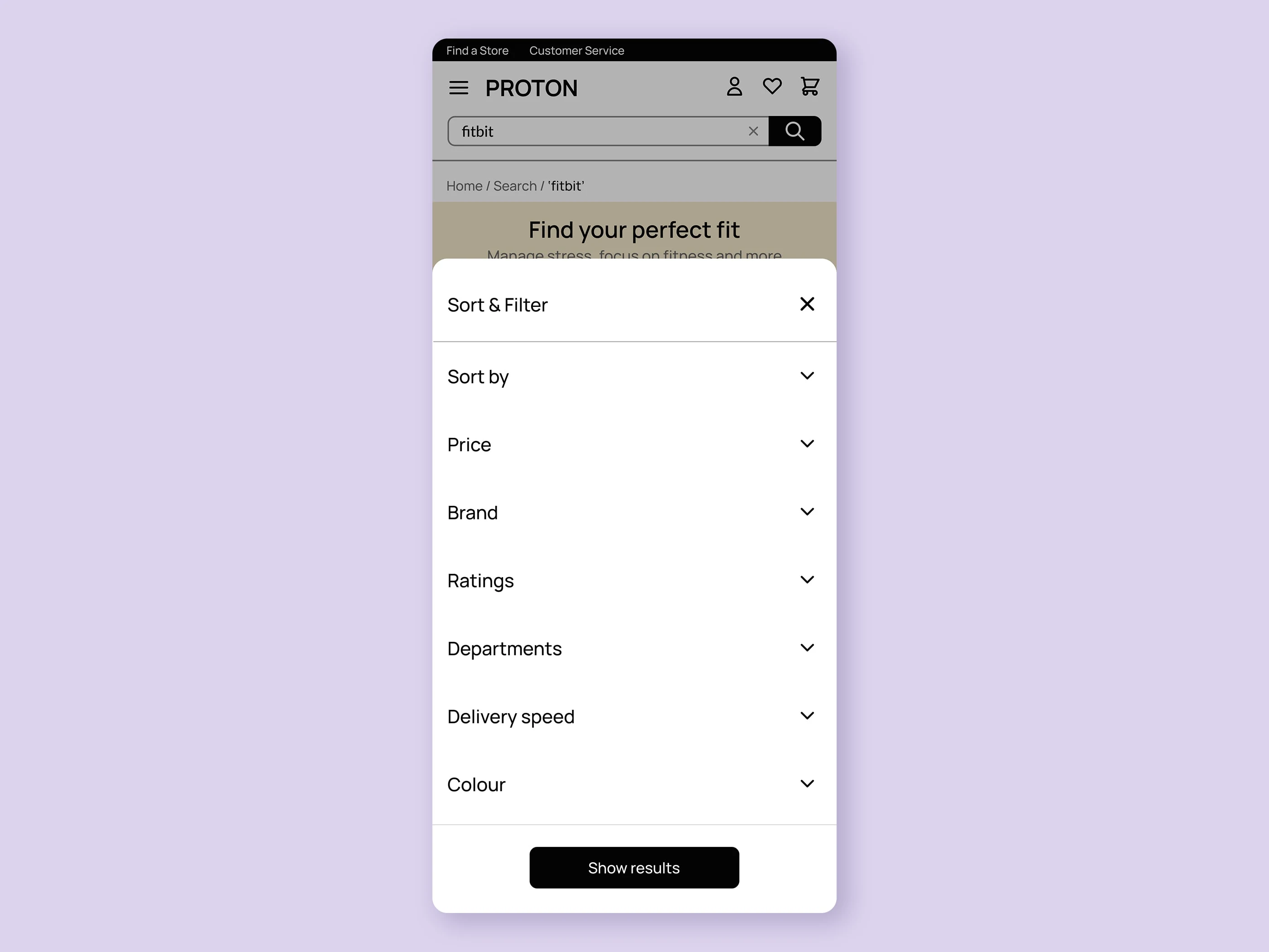 Mobile search filter page