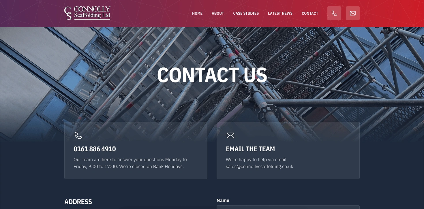 Contact page hero section