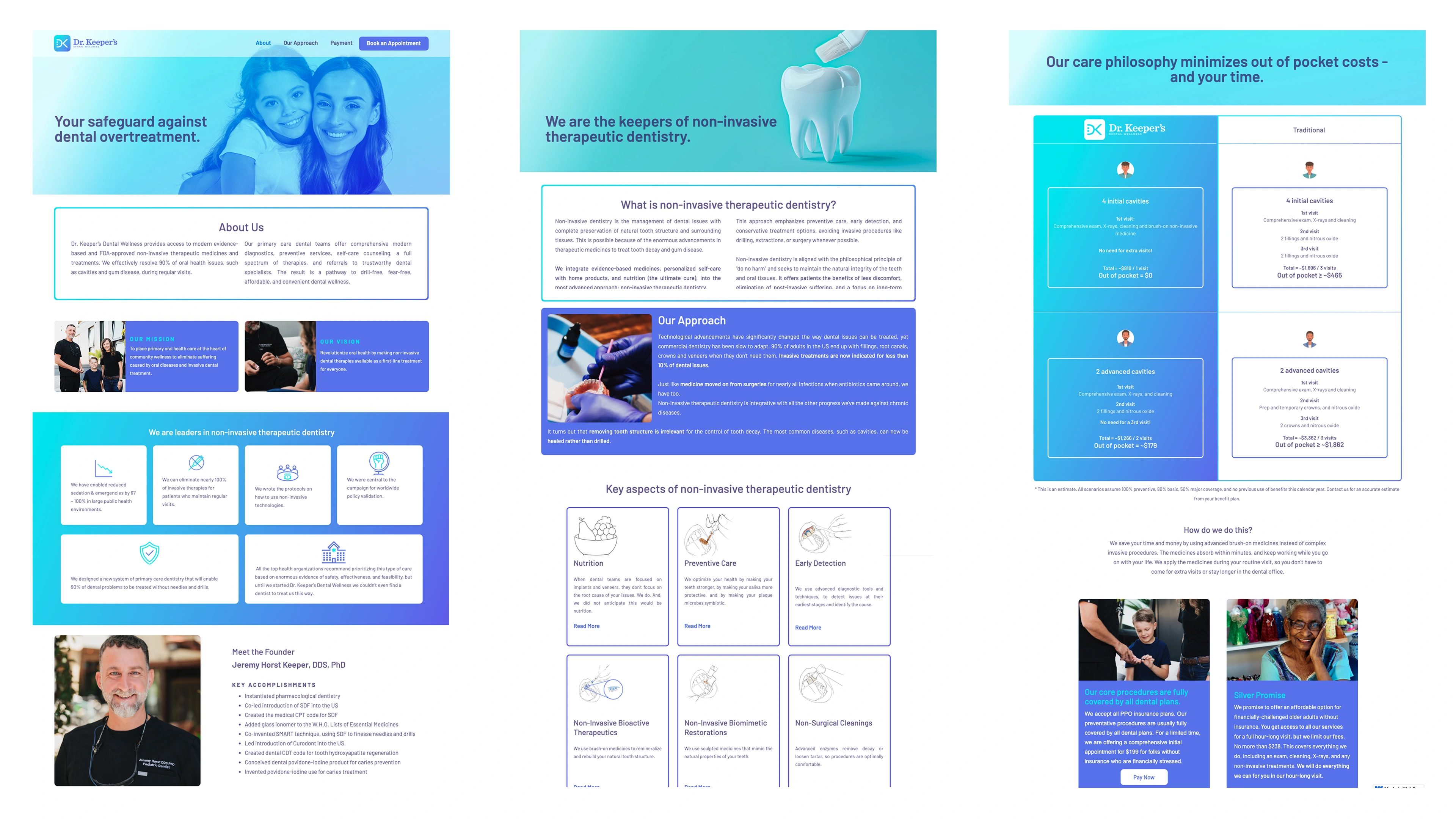 A modern, calming website for Dr. Keeper’s Dental Wellness — highlighting their innovative, non-invasive approach to dentistry. The design uses soft gradients, clear structure, and human-centered visuals to build trust, educate visitors, and reflect the practice’s gentle, holistic philosophy.
