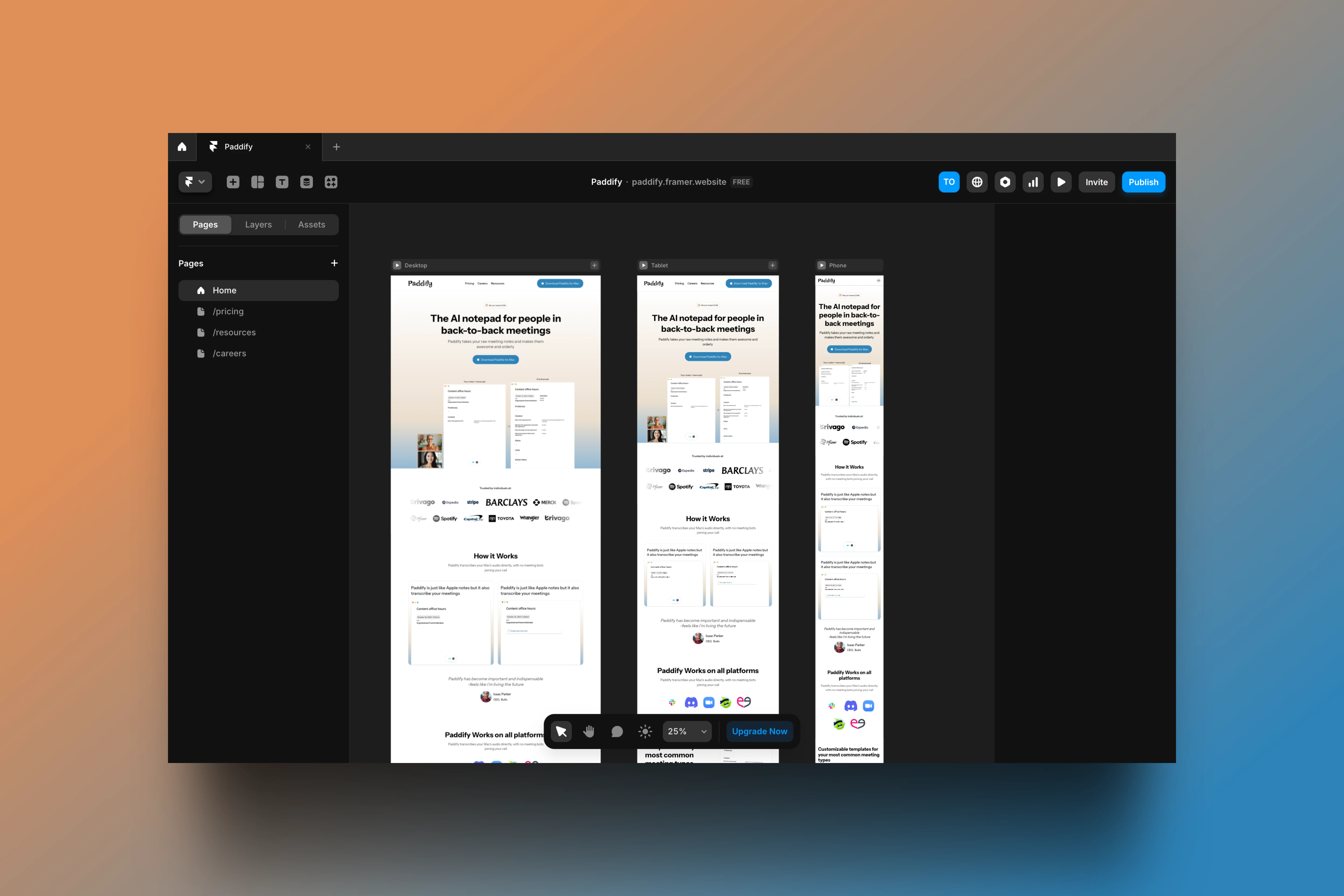Responsive view of the paddify homepage.