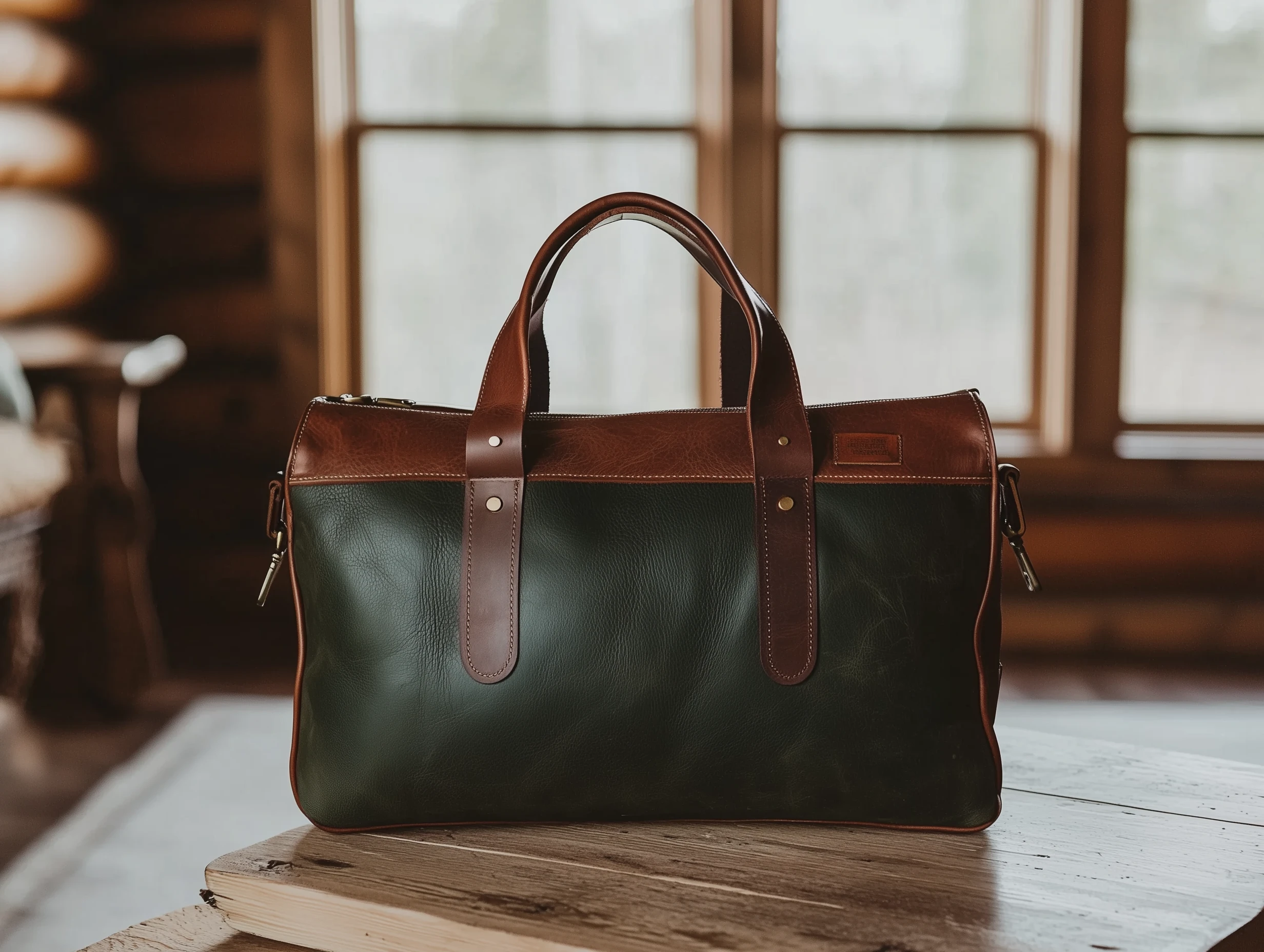 Sustainable leather weekender bag from Timber & Hide collaboration featured in rustic cabin setting. Natural window light highlighting eco-friendly materials and traditional craftsmanship. Combined color palette merging Antique Patina greens with Old Study browns creating harmonious brand fusion. Professional lifestyle photography with adventurous yet sophisticated mood. Negative prompt: synthetic looking, overly processed, urban environment, artificial lighting, mismatched brand aesthetics, inconsistent styling, commercial stock photo appearance