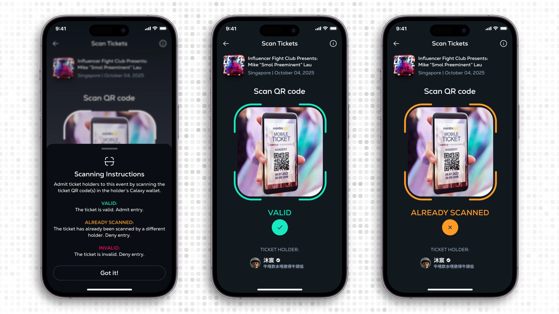 Scanner account UX for scanning tickets at the door. QR code would be a live dynamic code that changes ever 60 seconds for added security, so only attendees that hold legitimate tickets in their Calaxy wallets would be successfully admitted.