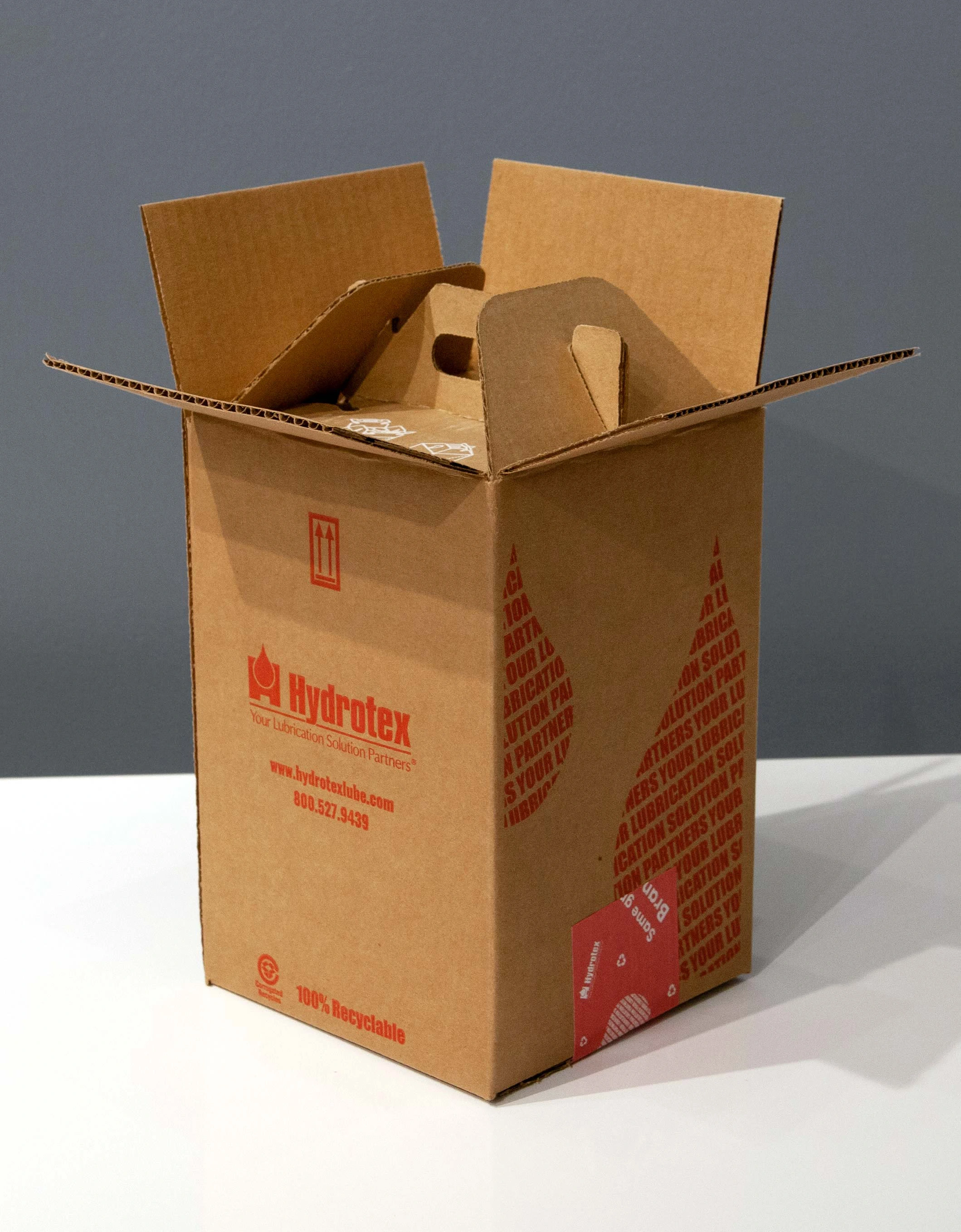 Outer shipping carton boasts Hydrotex Red graphics.