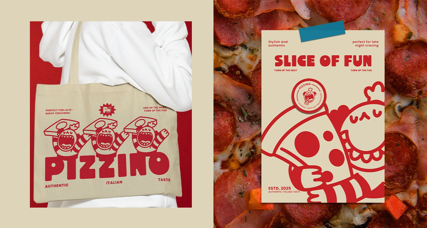 Tote bag and poster featuring Pizzino mascot and slice of fun pizza illustration.