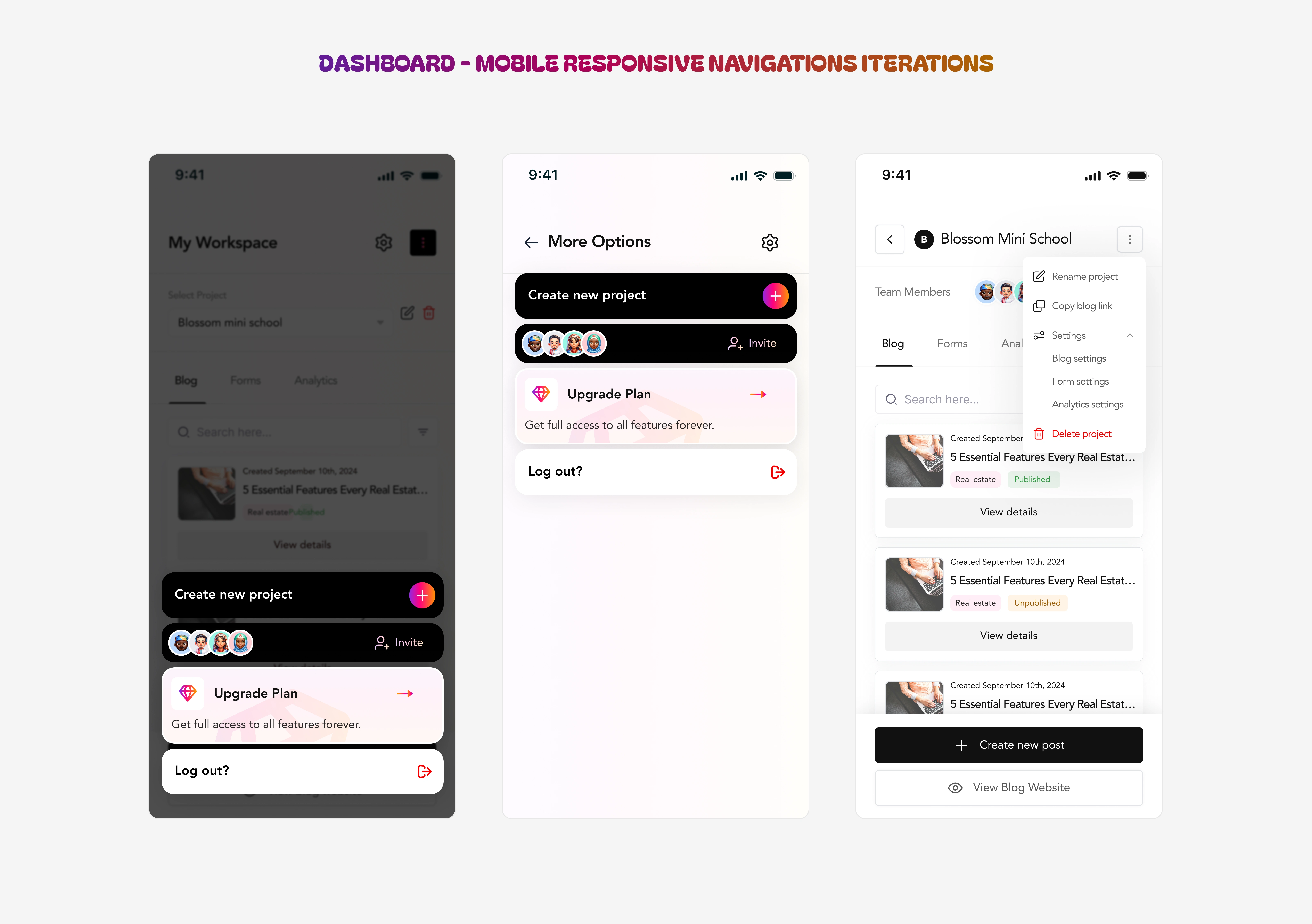 MENU TAB ITERATIONS - MOBILE