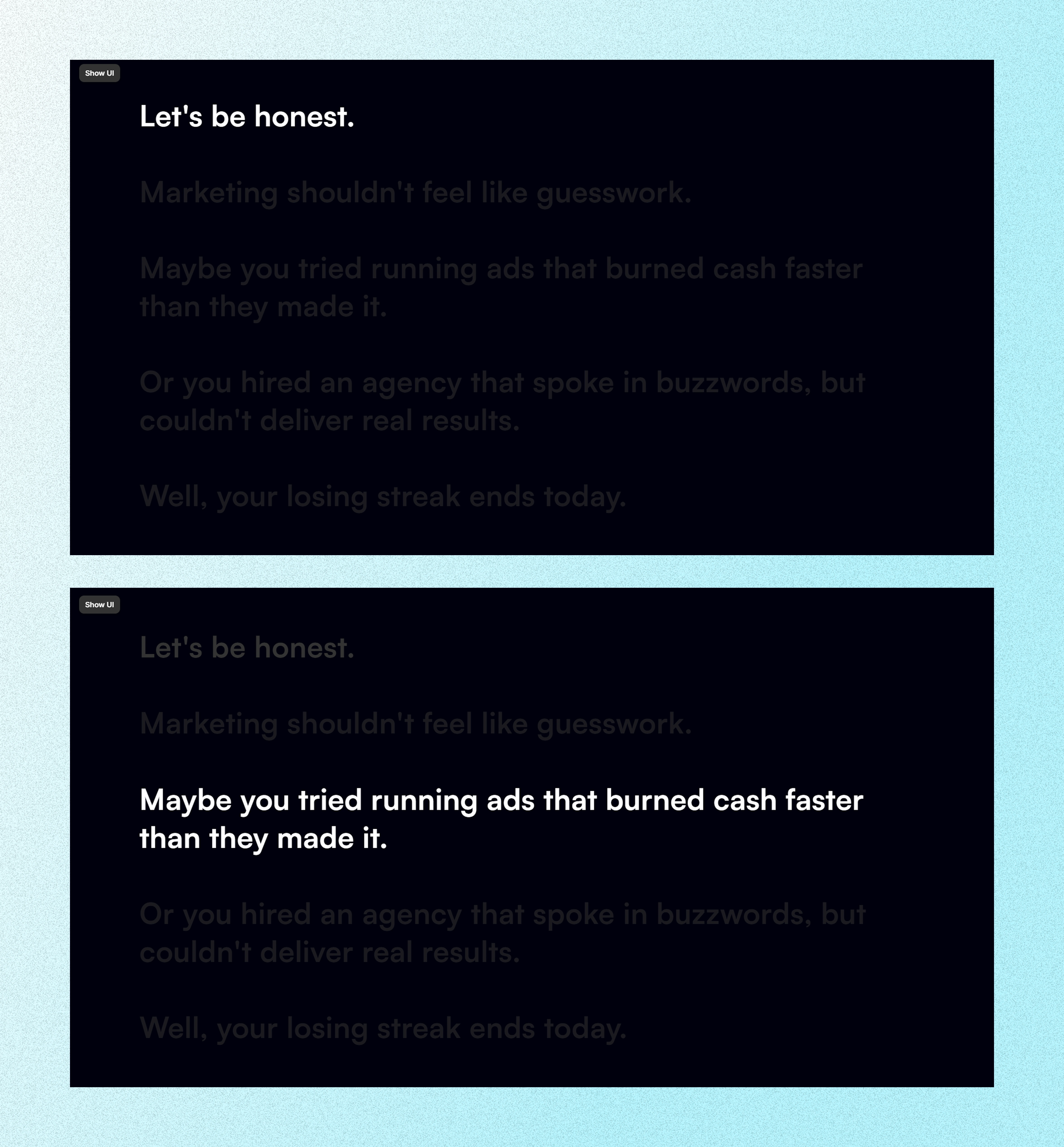 Text animations that illustrates pain points of potential clients