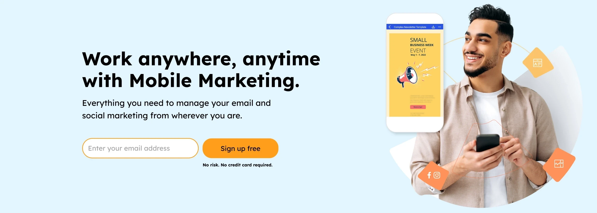 Hero section with graphic highlighting mobile marketing features.