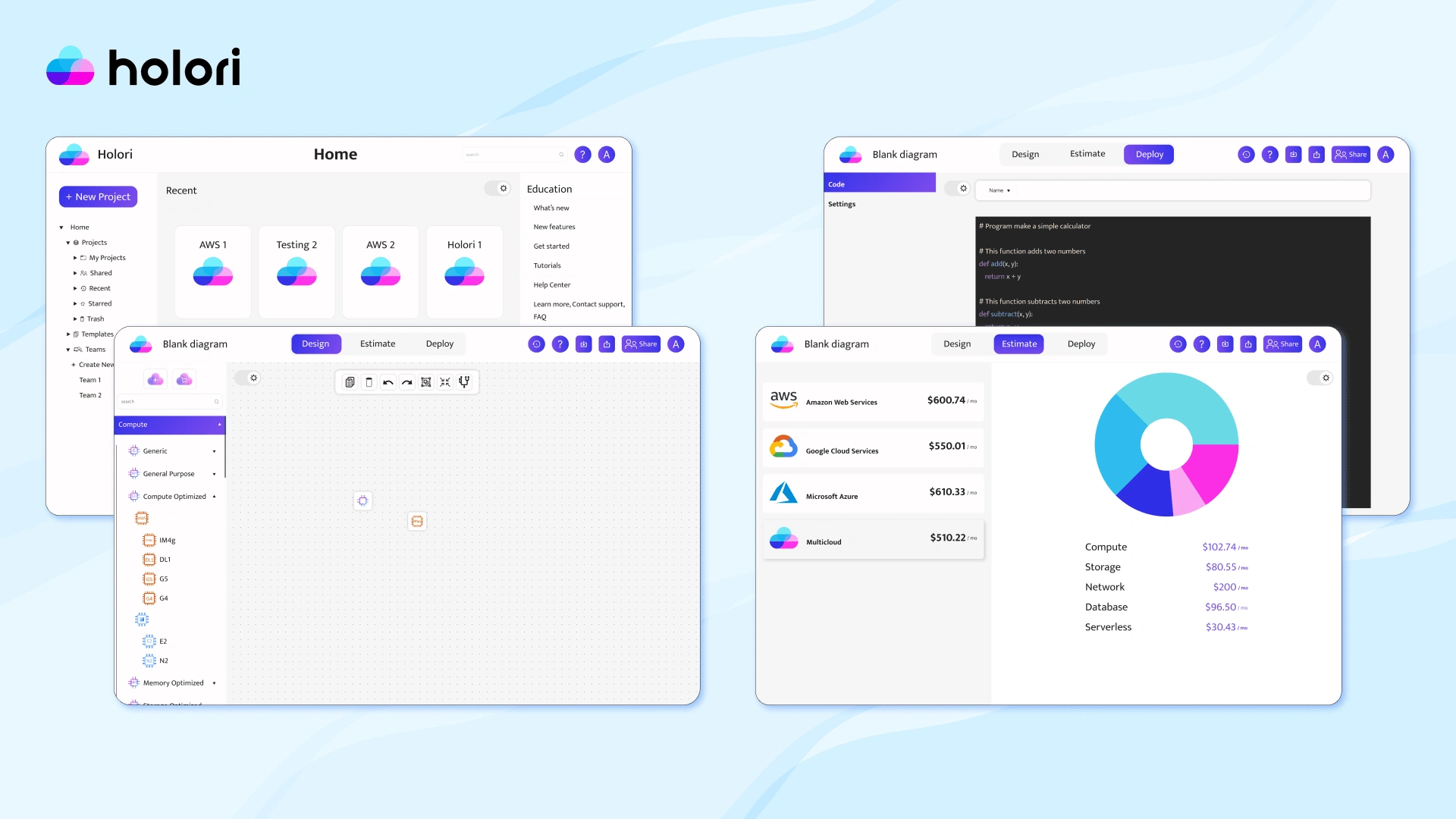 Holori Cloud Management & Diagraming tool. Light theme.