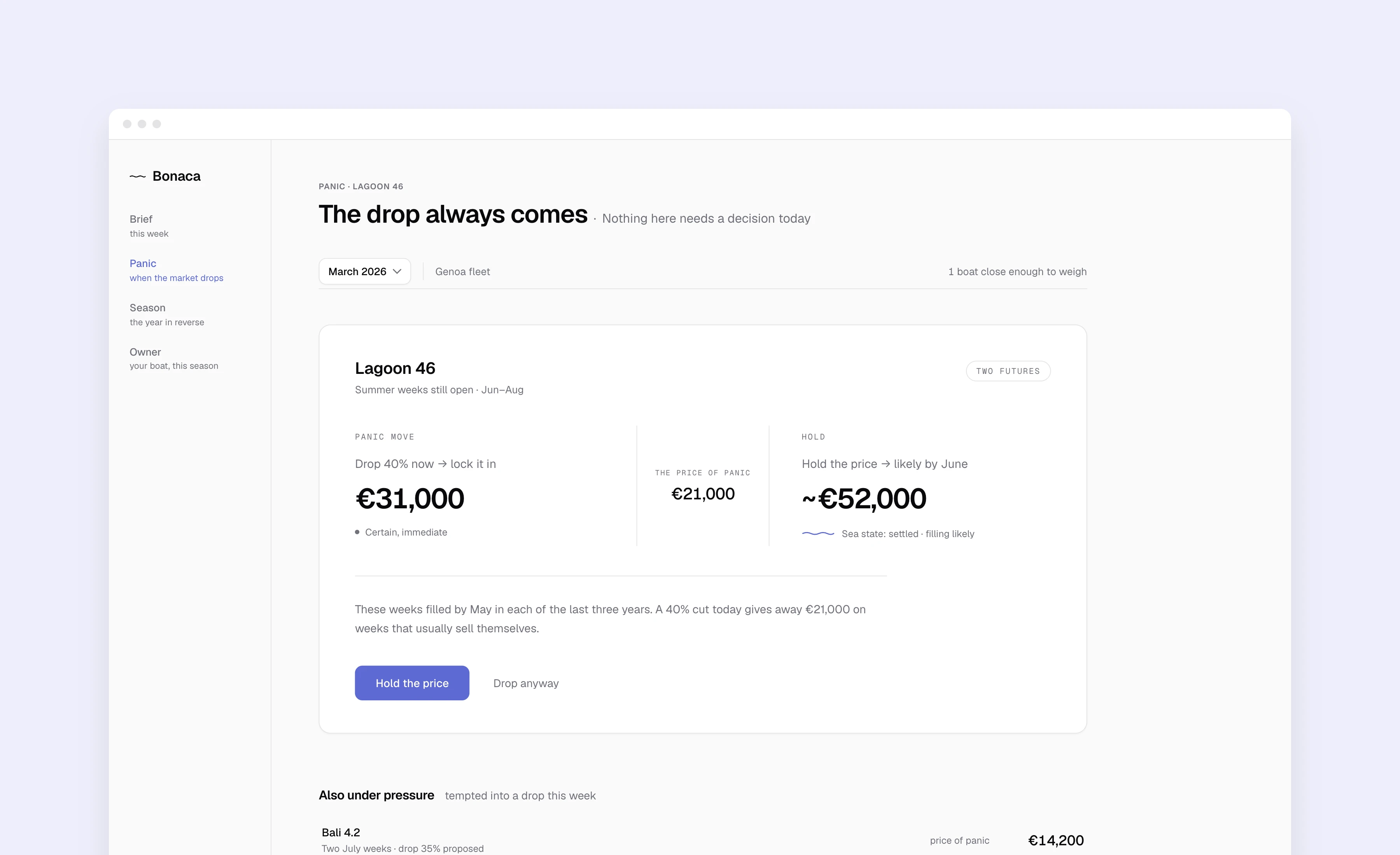 Panic — the crisis screen. One boat, two futures: drop now for a certain smaller number, or hold for a larger uncertain one. The difference is named in money. No red, no alerts, and "drop anyway" is always available.