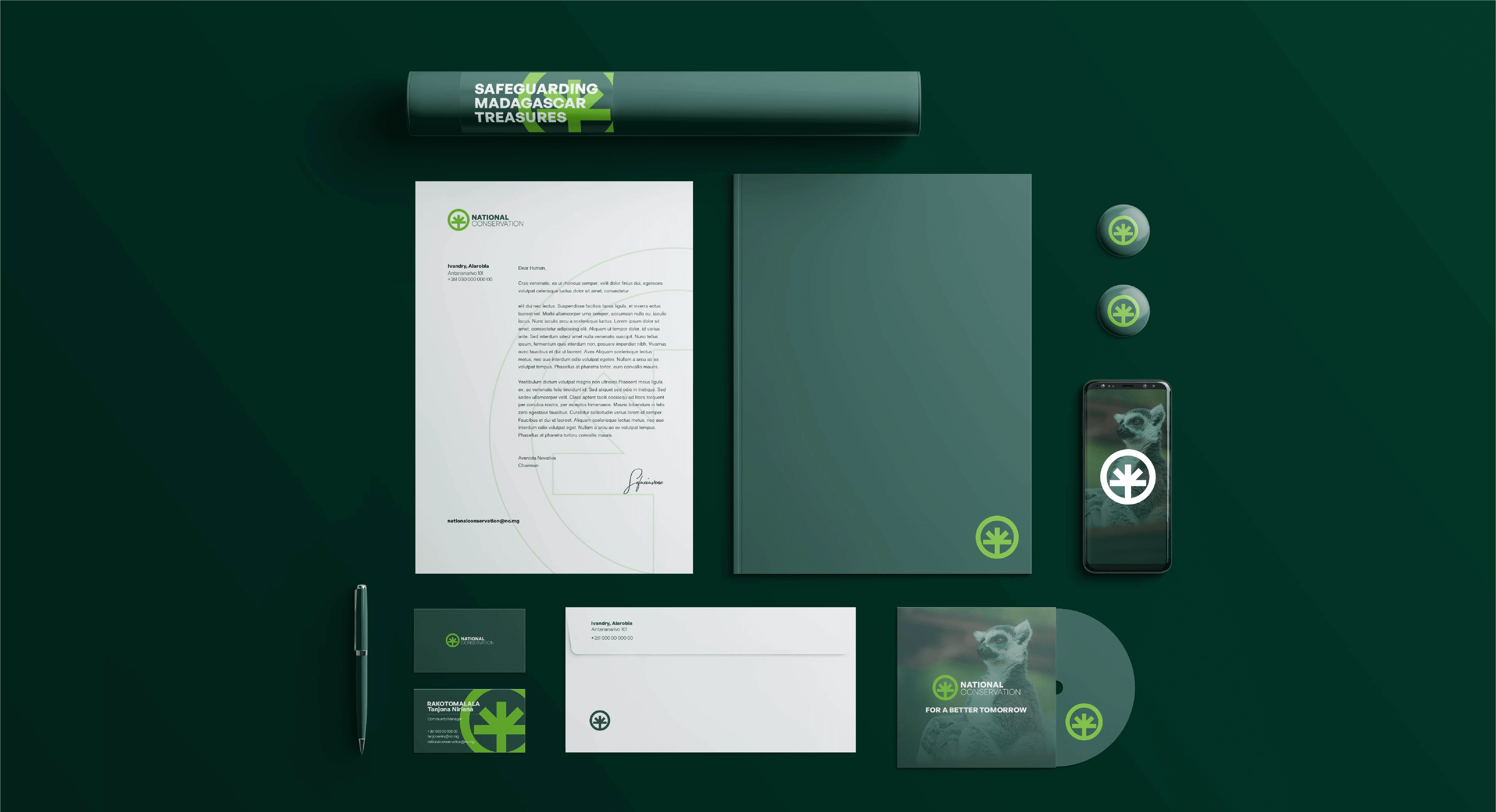 Stationary on how the logo will behave on different type of medium form business card to pins