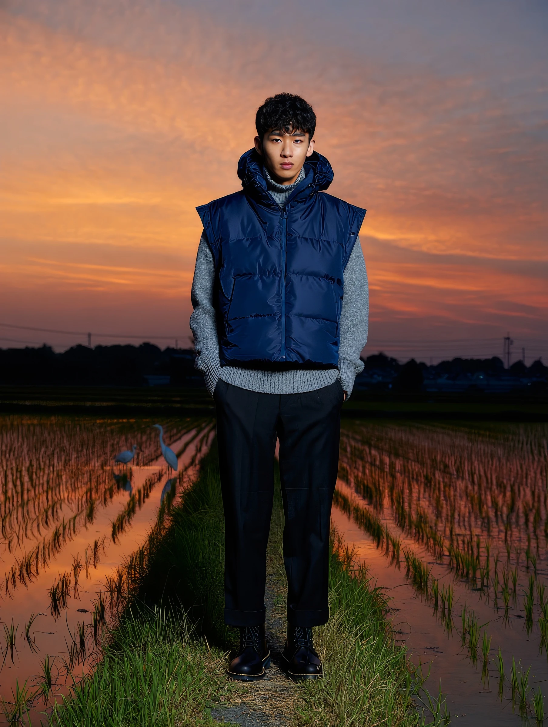 Model in a navy puffer vest and gray sweater stands on a path by rice paddies at sunset, with warm orange skies and serene reflections.

