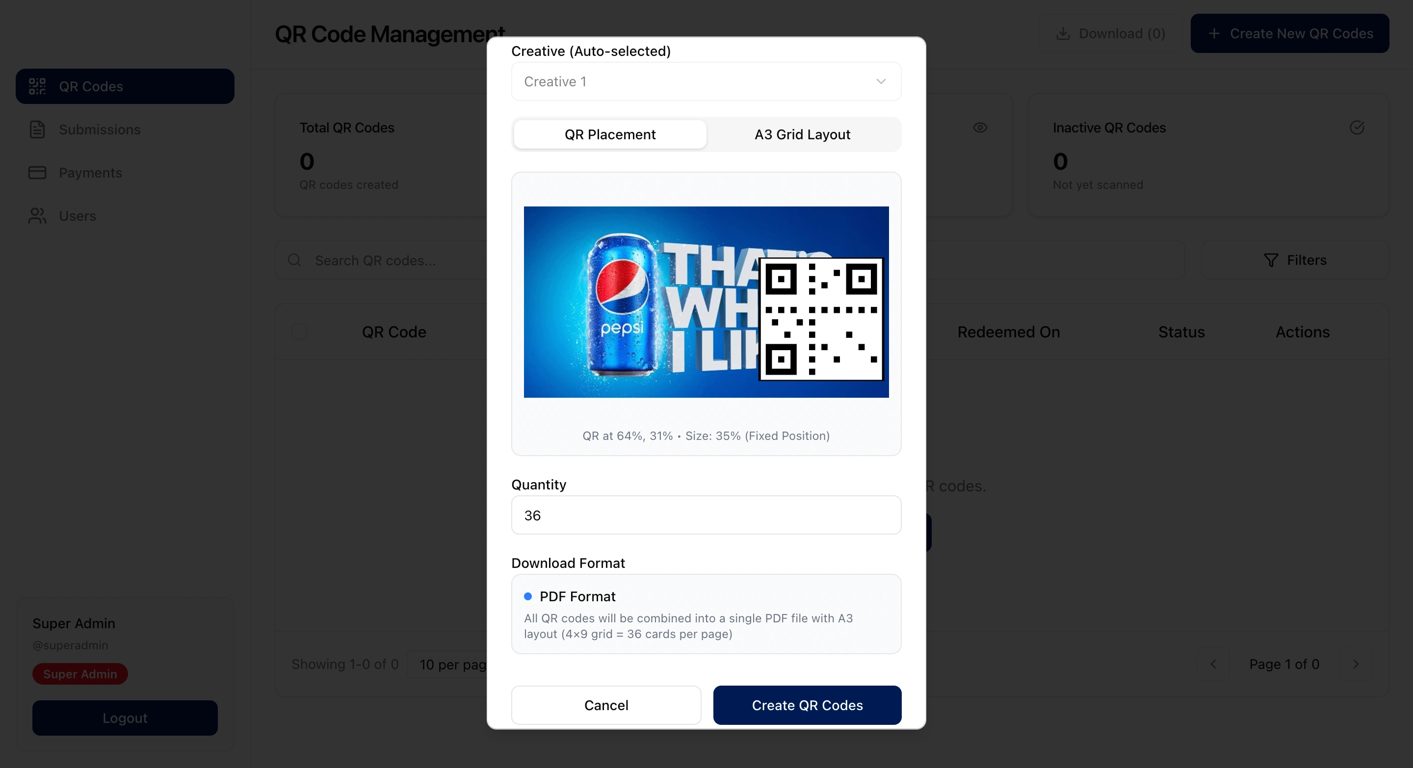 Dashboard | Admin | Place those QR codes on the marketing creative
