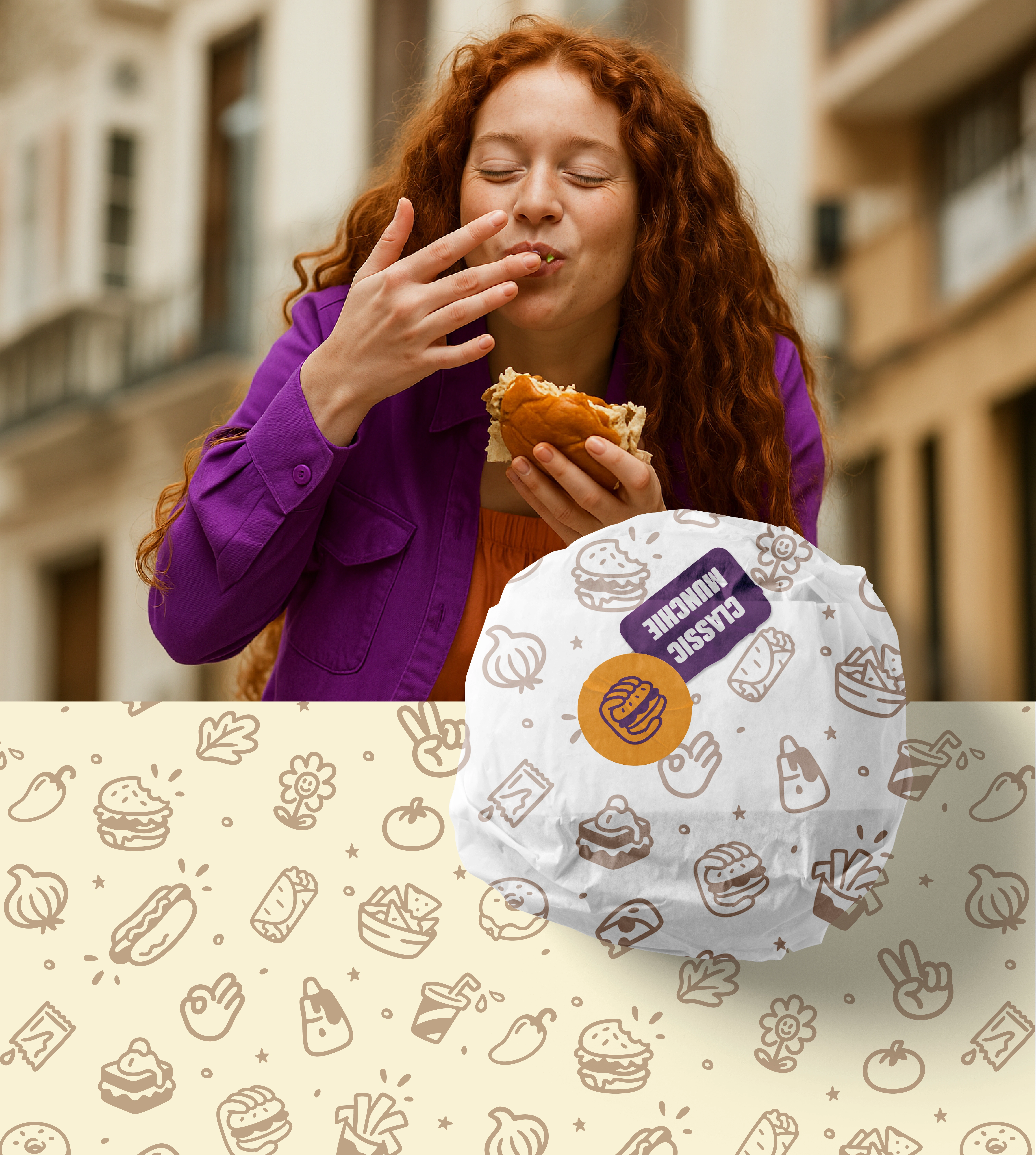 Custom burger wraps: playful seamless doodle-style pattern built from custom brand icons turns packaging into a brand storytelling tool