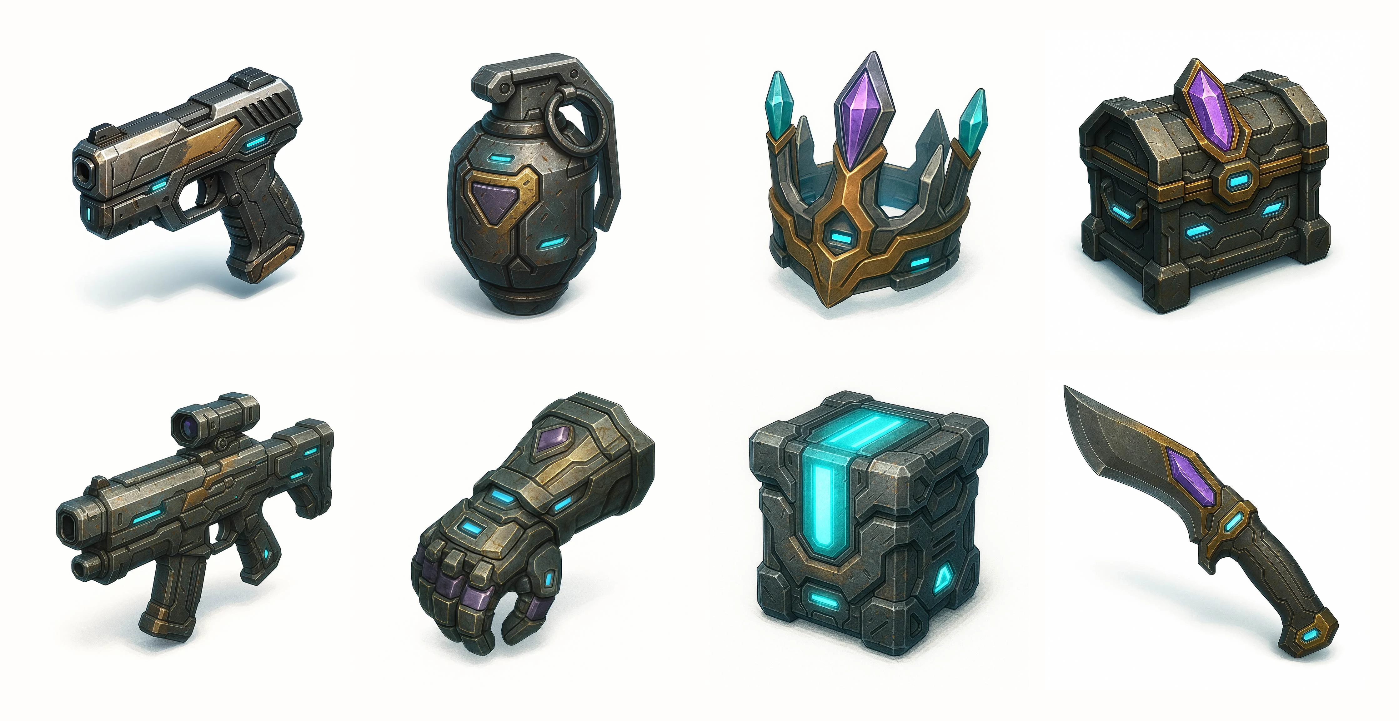 8 unique game icons in "Futuristic Sci-fi Artifacts" theme
