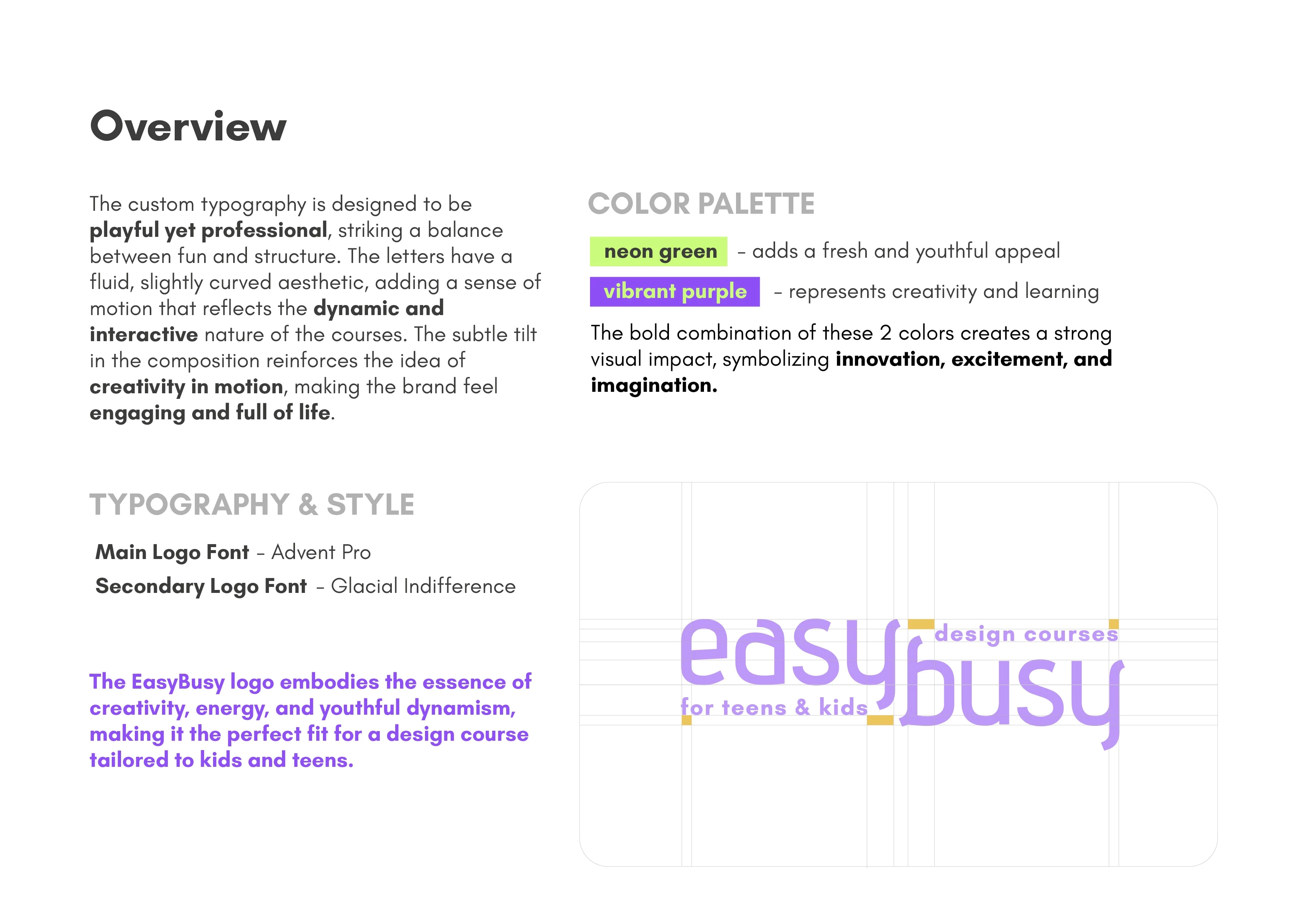EasyBusy Branding Project: visual identity for online Figma courses for teens, including logo, color palette, and marketing materials.