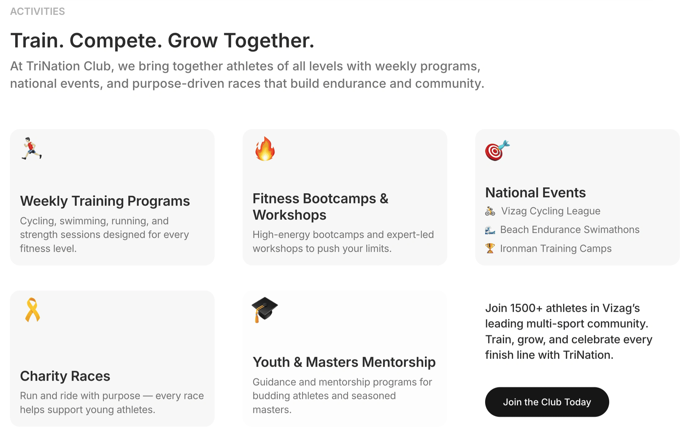 Activities section with clean minimal design & clear CTA 