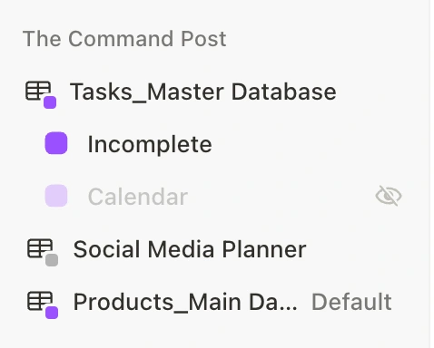 My task database (incomplete view), social media calendar, and products table linked to my Notion calendar.