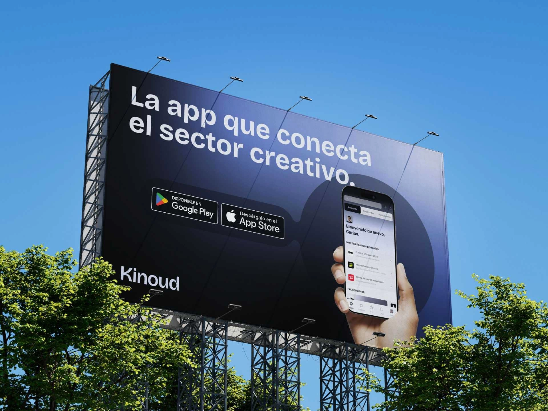 Exterior billboard promoting Kinoud's app.