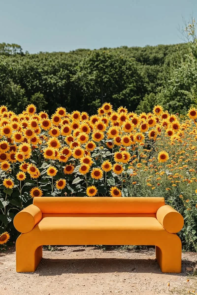 modern bench amidst blooming sunflowers