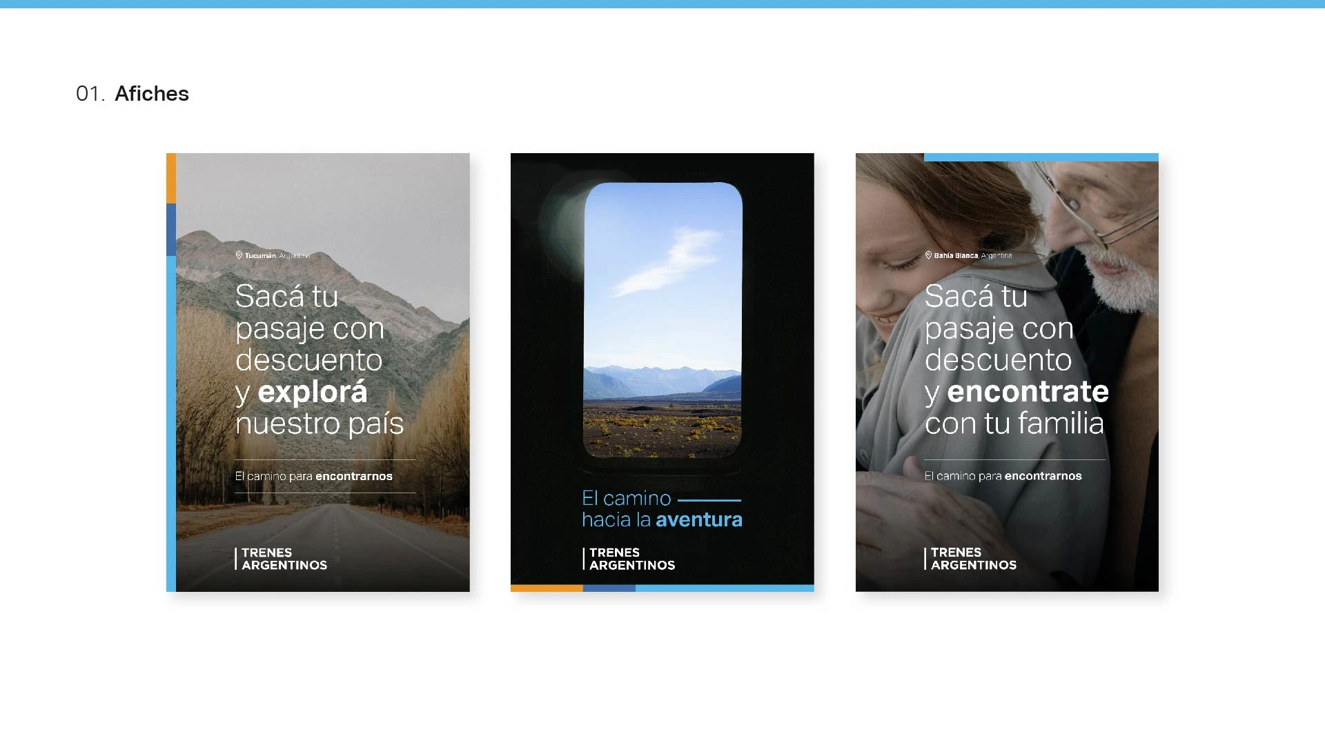 Fostering Belonging and Exploration. This set of promotional posters illustrates how the rebrand translates the railway's strategic role as a public good into an emotional, user-centric message. The design focuses on deepening the sense of belonging, using high-impact photography of national landscapes and authentic family connections. The clear, modern typography and layout are designed to foster the use and expansion of the service, positioning the train as "the path to finding one another."