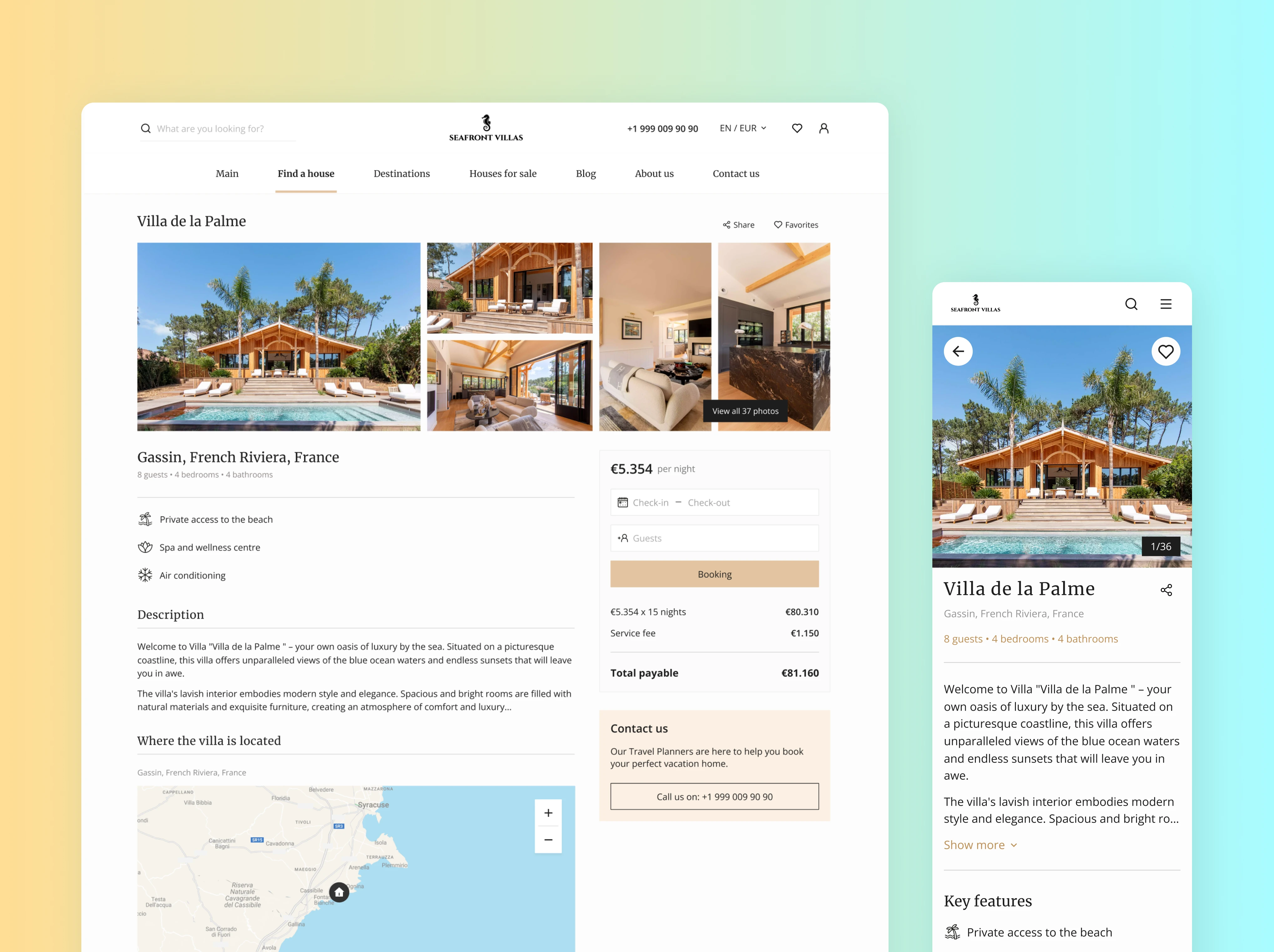 This design presents a sophisticated villa booking platform, carefully tailored for an elegant and seamless user experience. The desktop and mobile views maintain consistency in visual appeal, ensuring users can easily browse property details across devices. With a focus on large, immersive images and essential information clearly laid out, users can effortlessly explore the villa’s features, pricing, and availability. The design strikes a perfect balance between luxury aesthetics and usability, making the process of finding and booking the ideal getaway both visually engaging and intuitive.