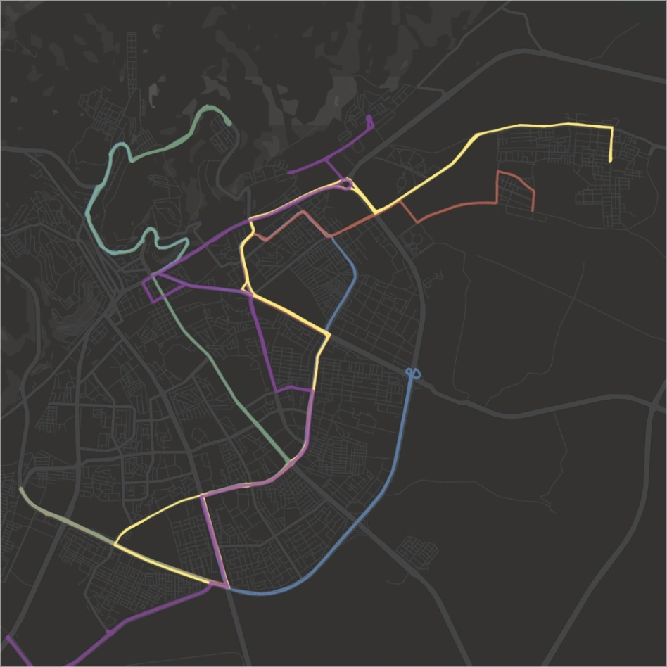 Visualization of some bus lines, other lines are kept hidden to avoid clutter.