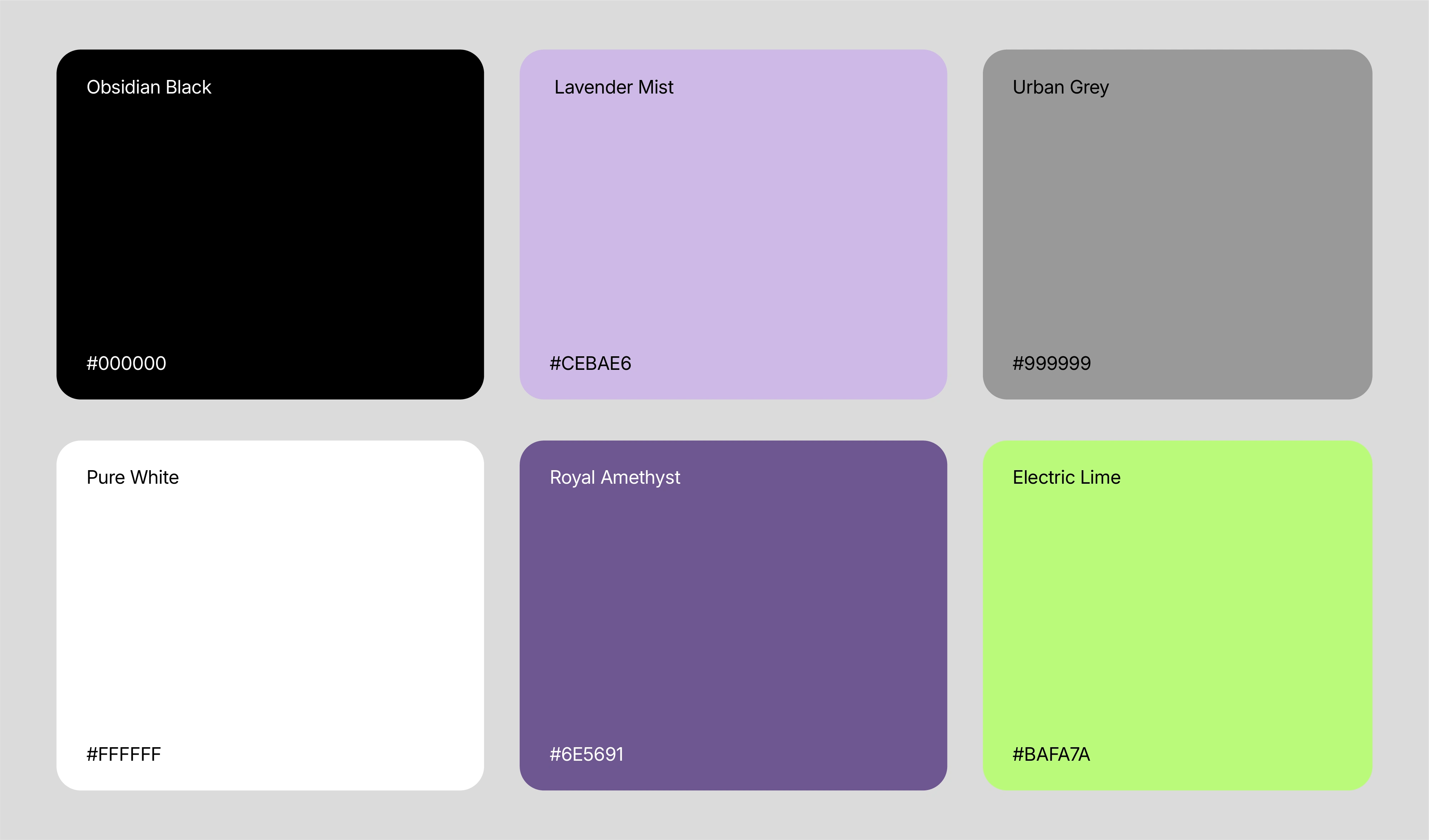 The complete color palette for Prismatica Studio, detailing the hex codes and names for each hue, designed to be both bold and adaptable.