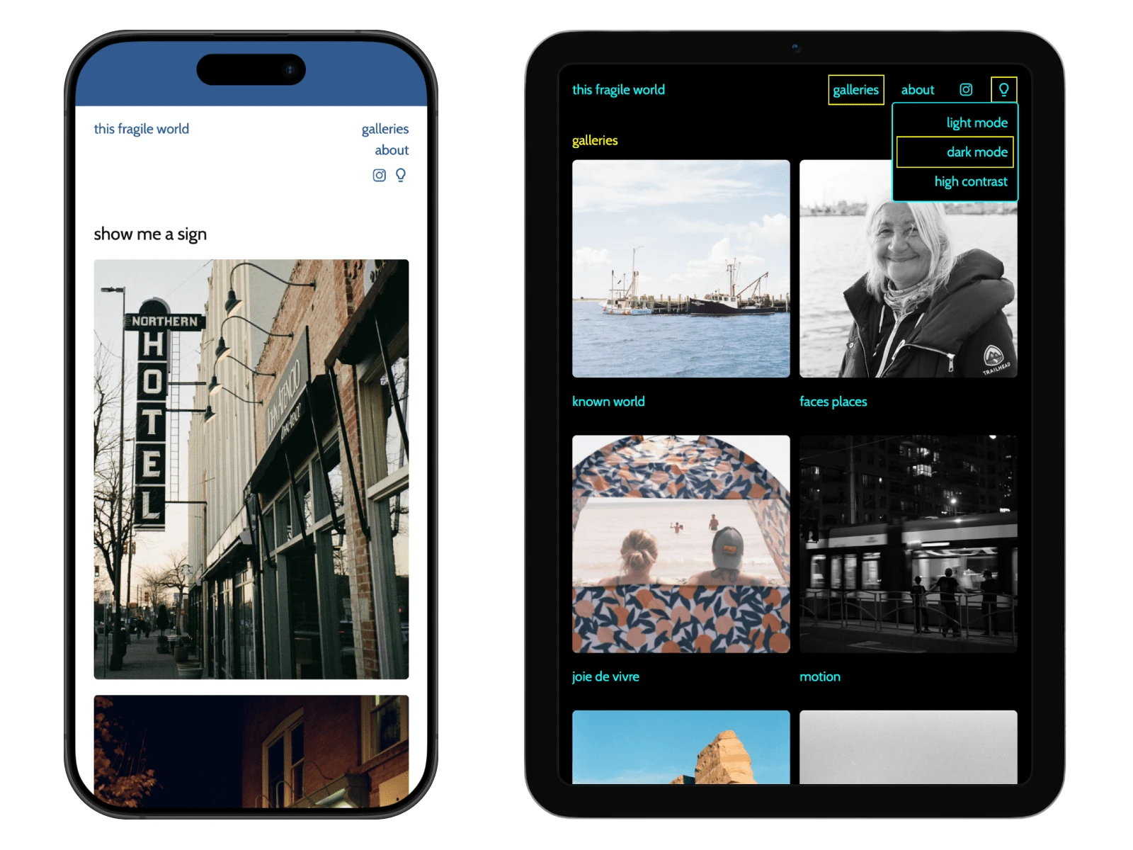 Light Mode on Mobile and High Contrast Mode on Tablet