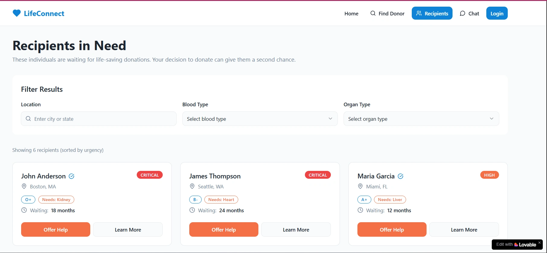 Find a recipient page