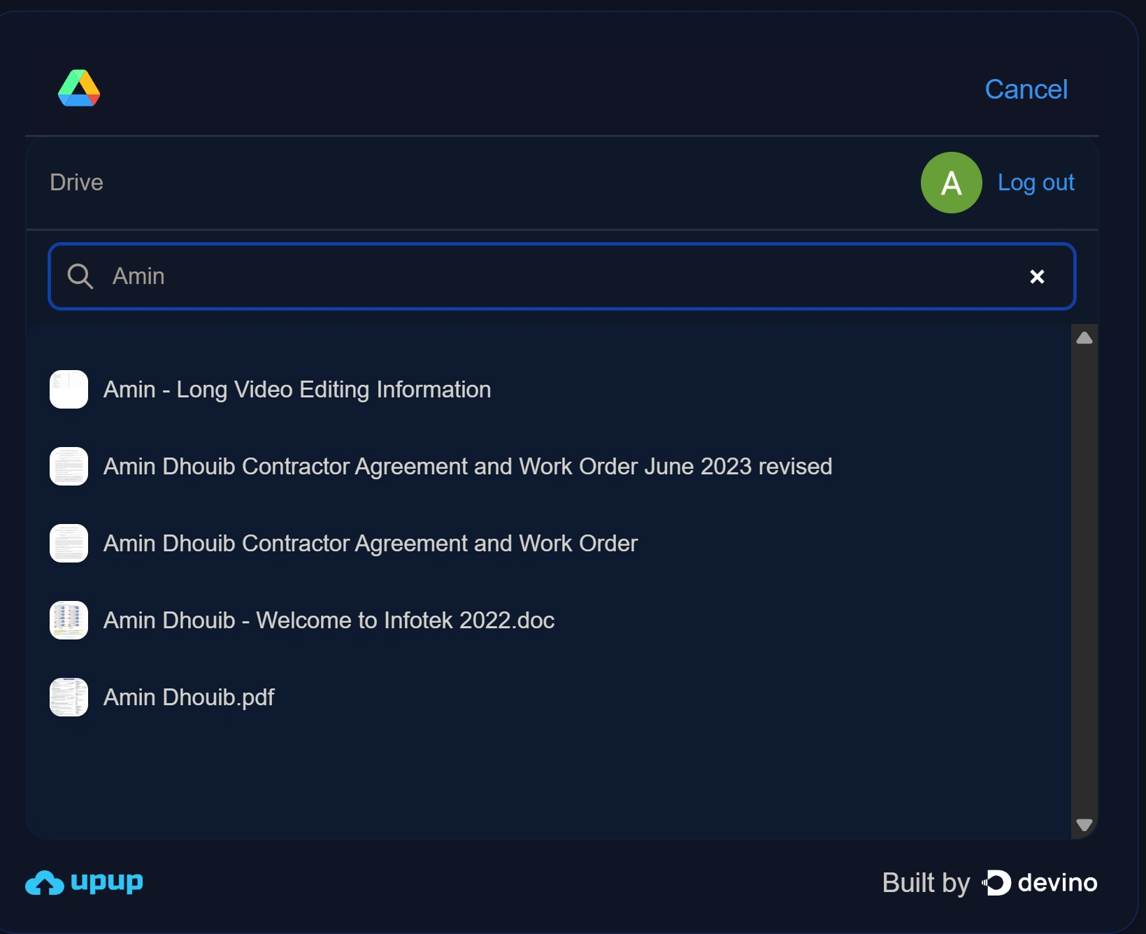 Shows file from GDrive account, searching for file with name "Amin".