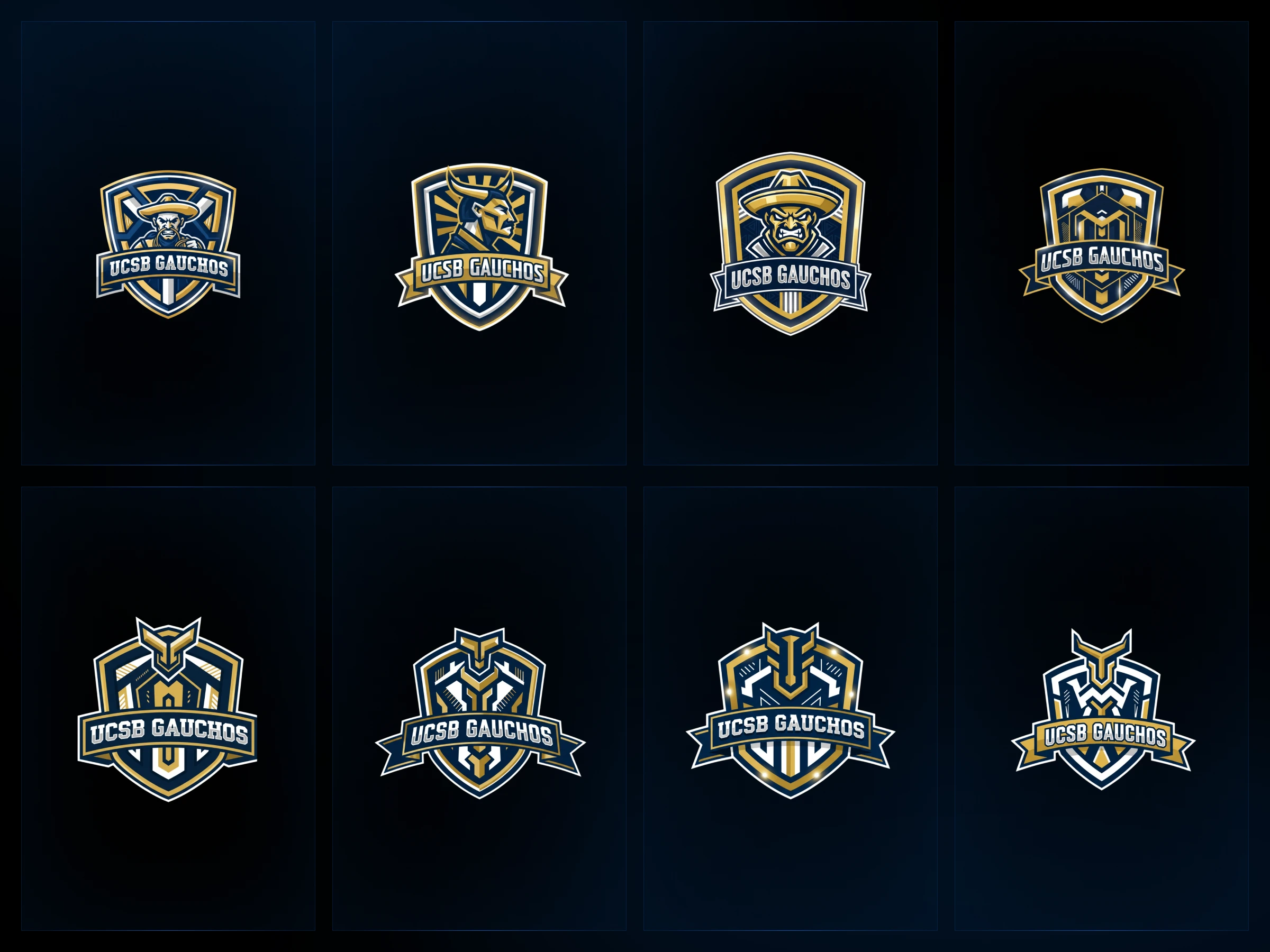 Navy-and-gold esports crest with strong layered geometry and iconic banner integration.