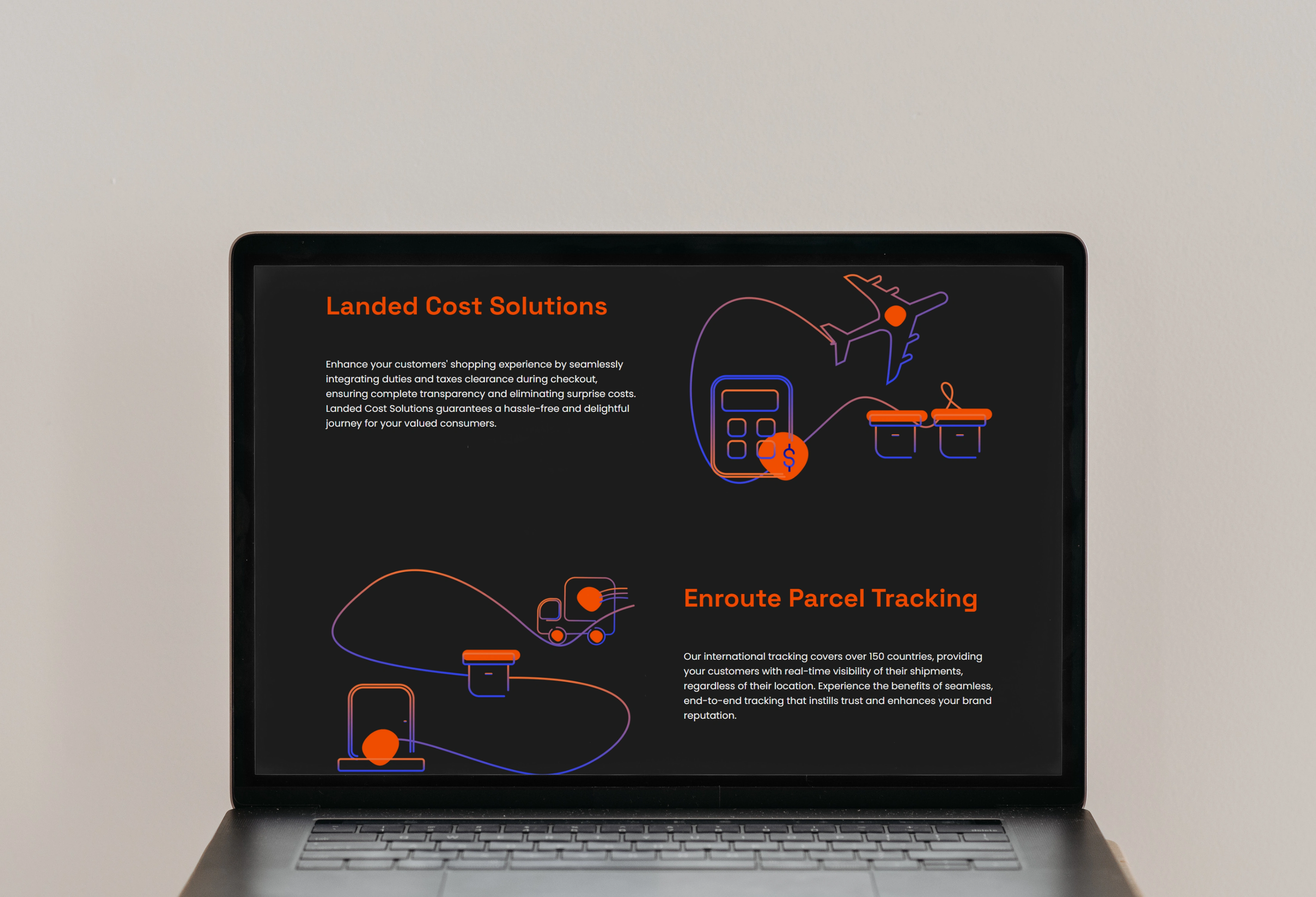 Feature-specific illustrations used on the OrangeDS website, simplifying complex logistics services into clear, intuitive visual narratives.