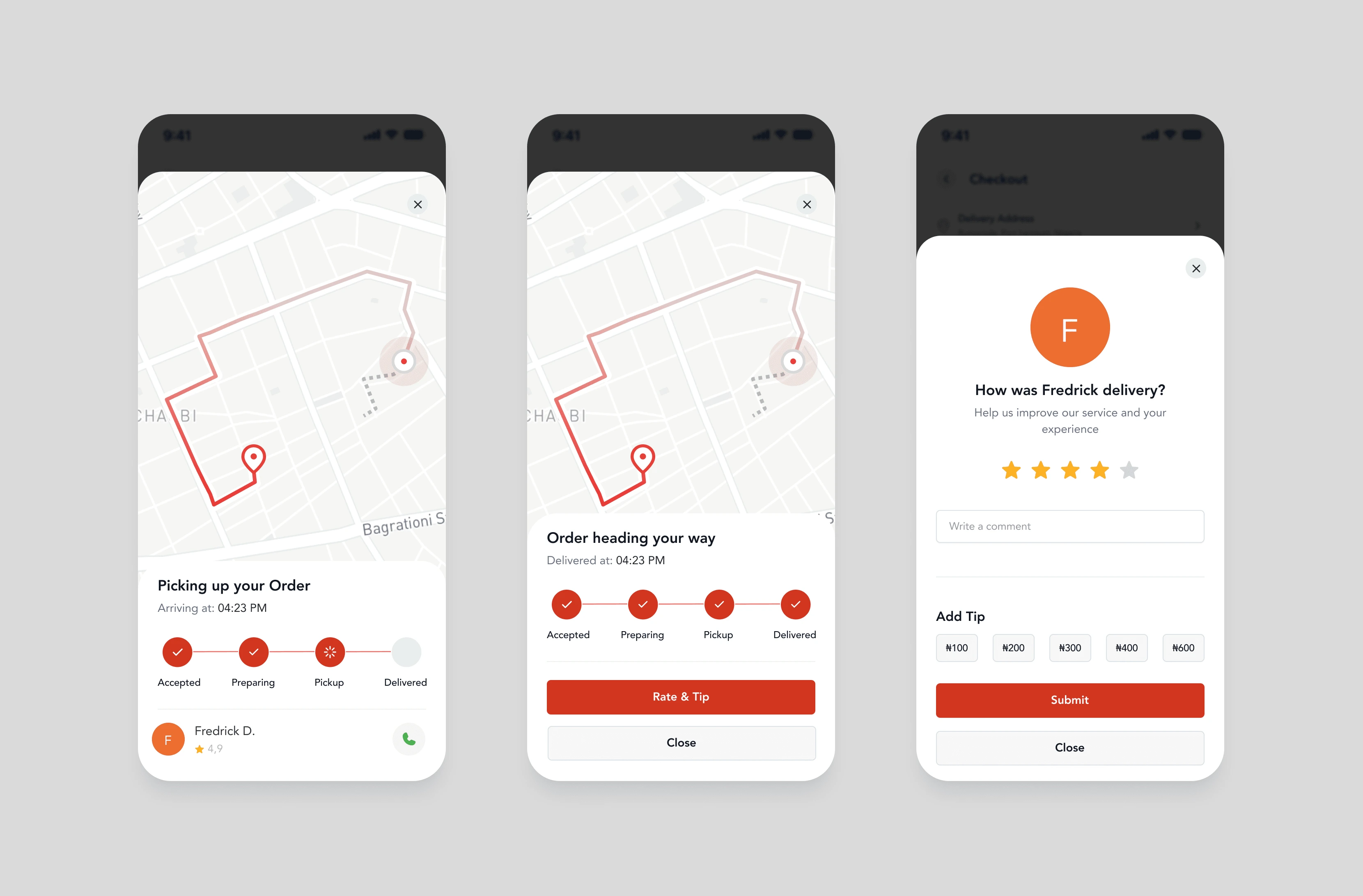 Customer delivery process screens
