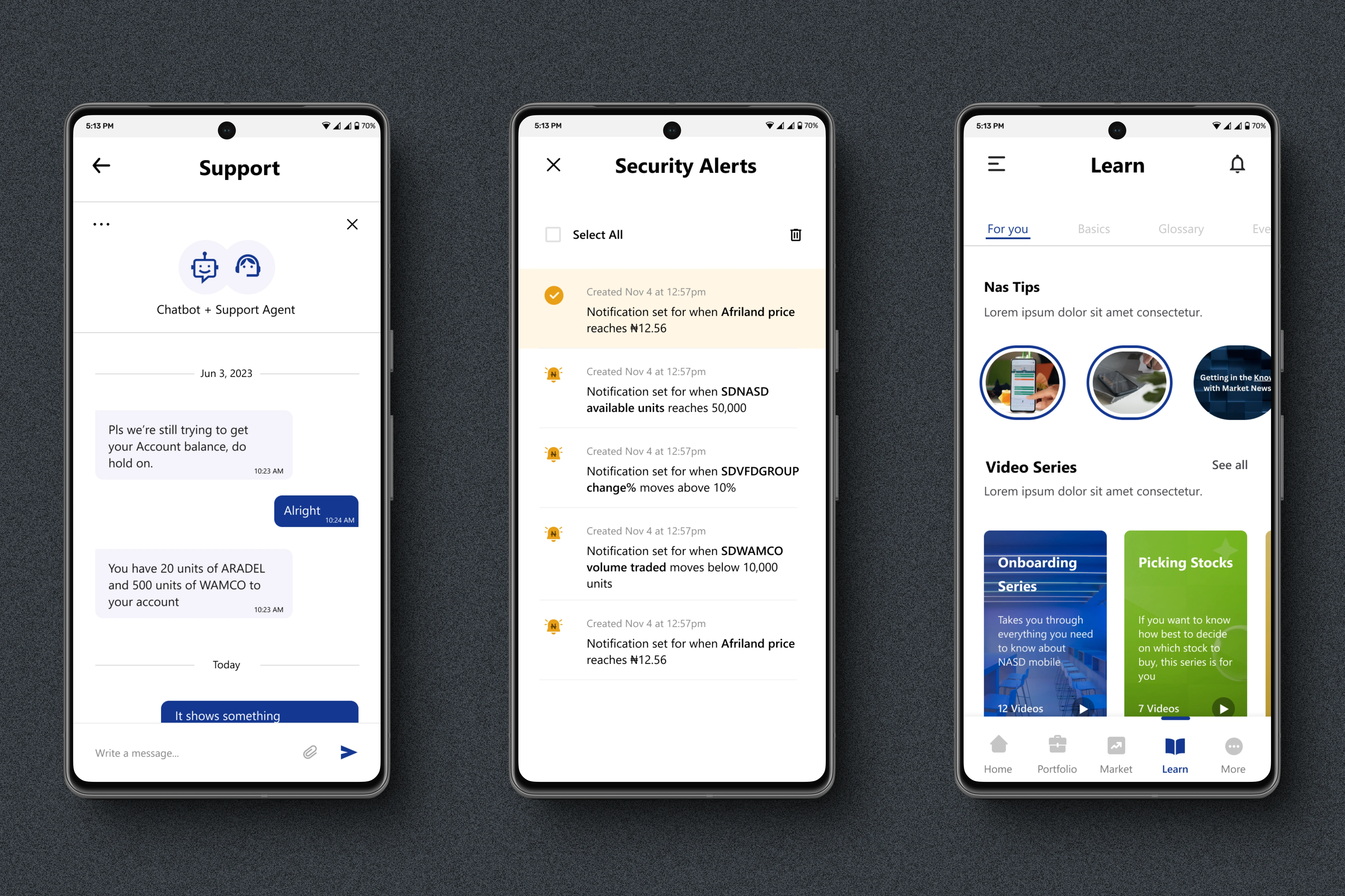 Support, Learn section & Security alerts