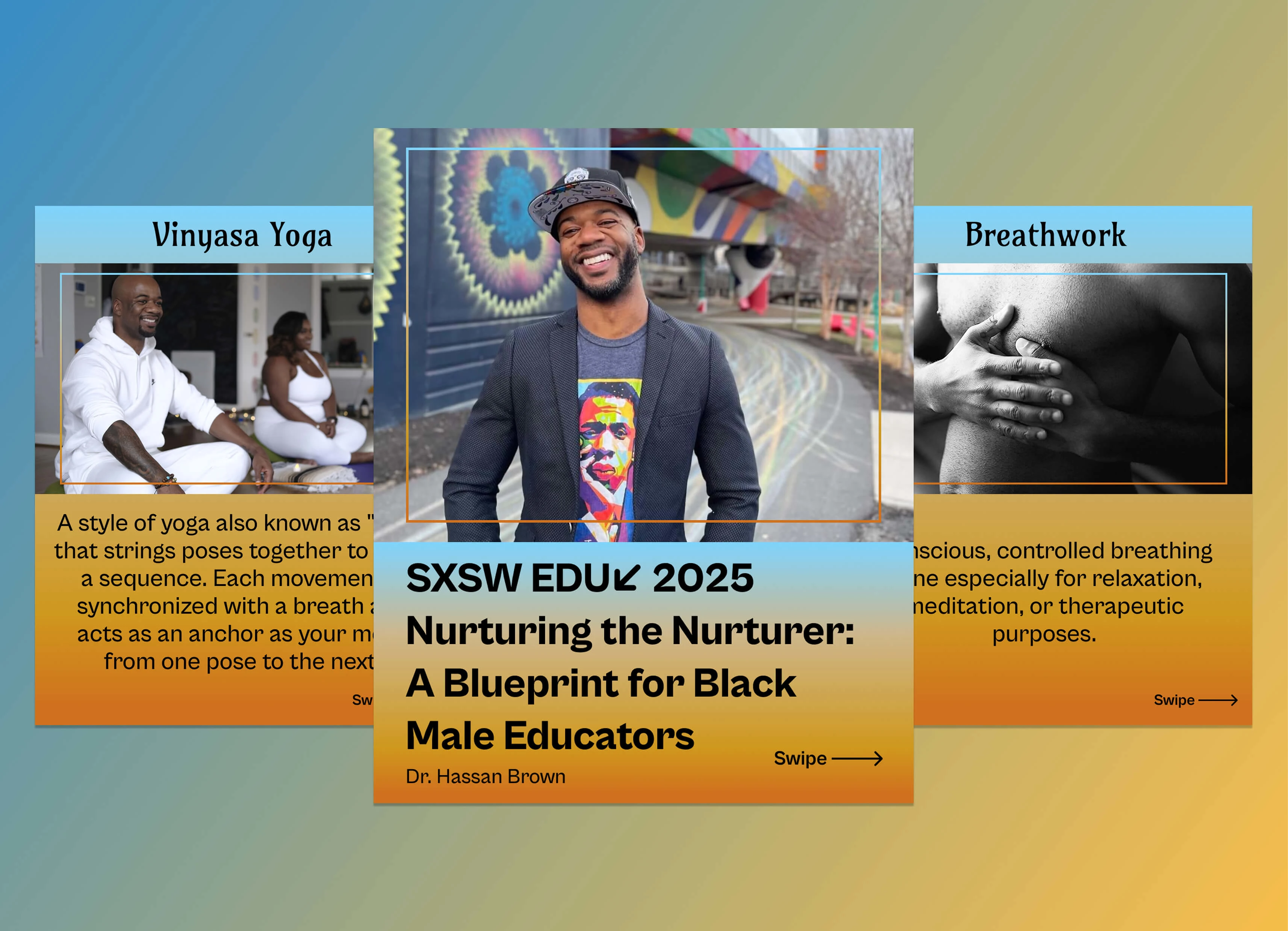 Custom social cards and visuals were designed for Hassan’s upcoming speaking engagement, blending his personal color palette with SXSW-inspired themes to enhance promotion and brand consistency.