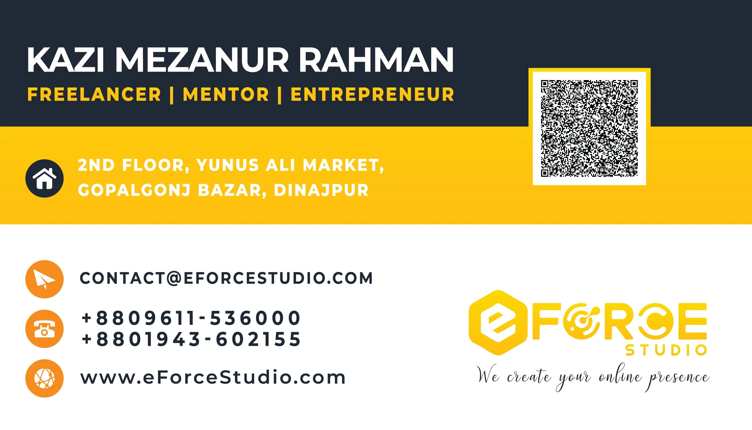 Designed a clean, modern business card for eForce Studio, aligning with their brand identity and professional presence.