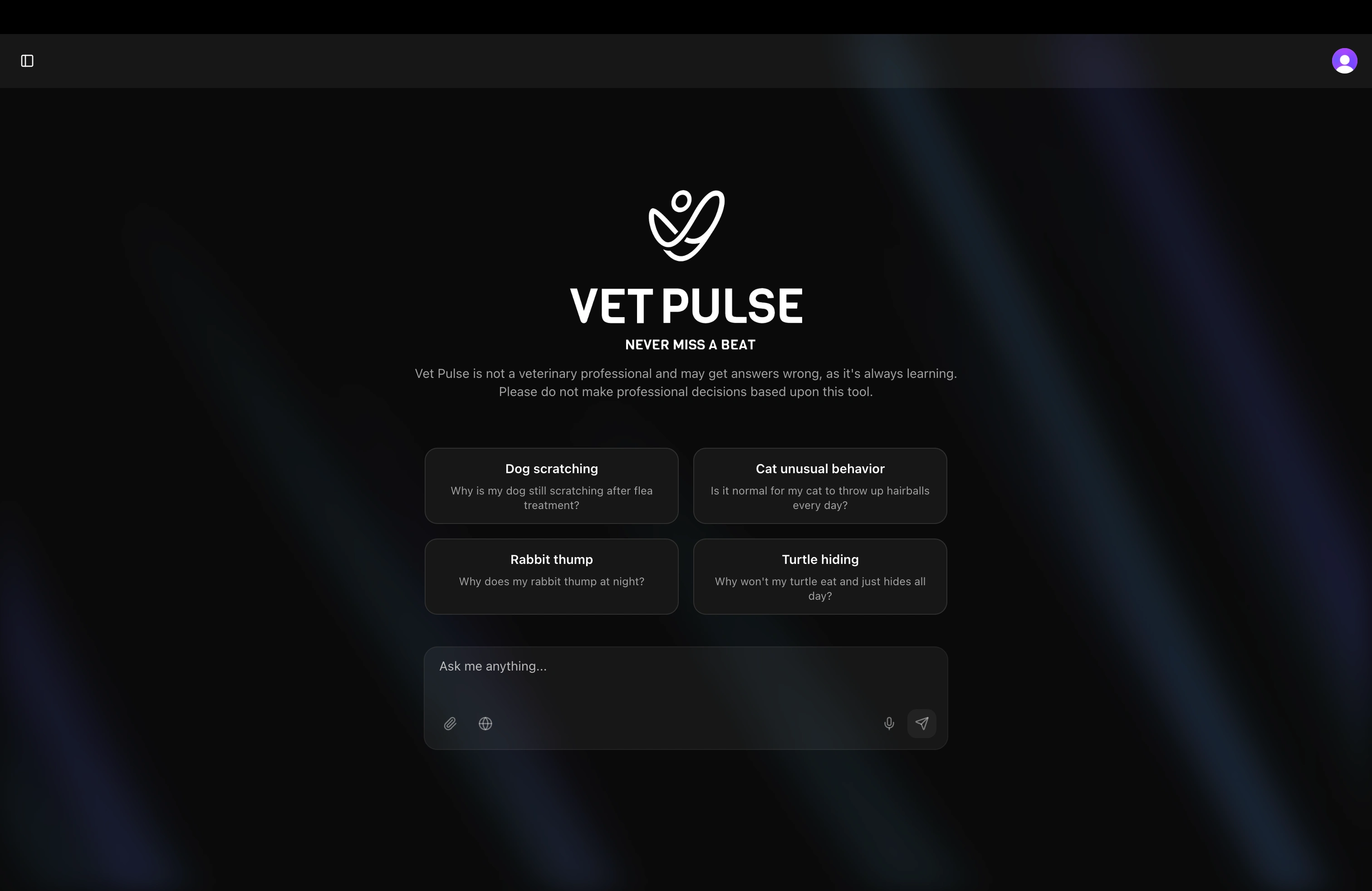 Homepage with pet symptom categories, designed for veterinarians to quickly access animal diagnostic tools