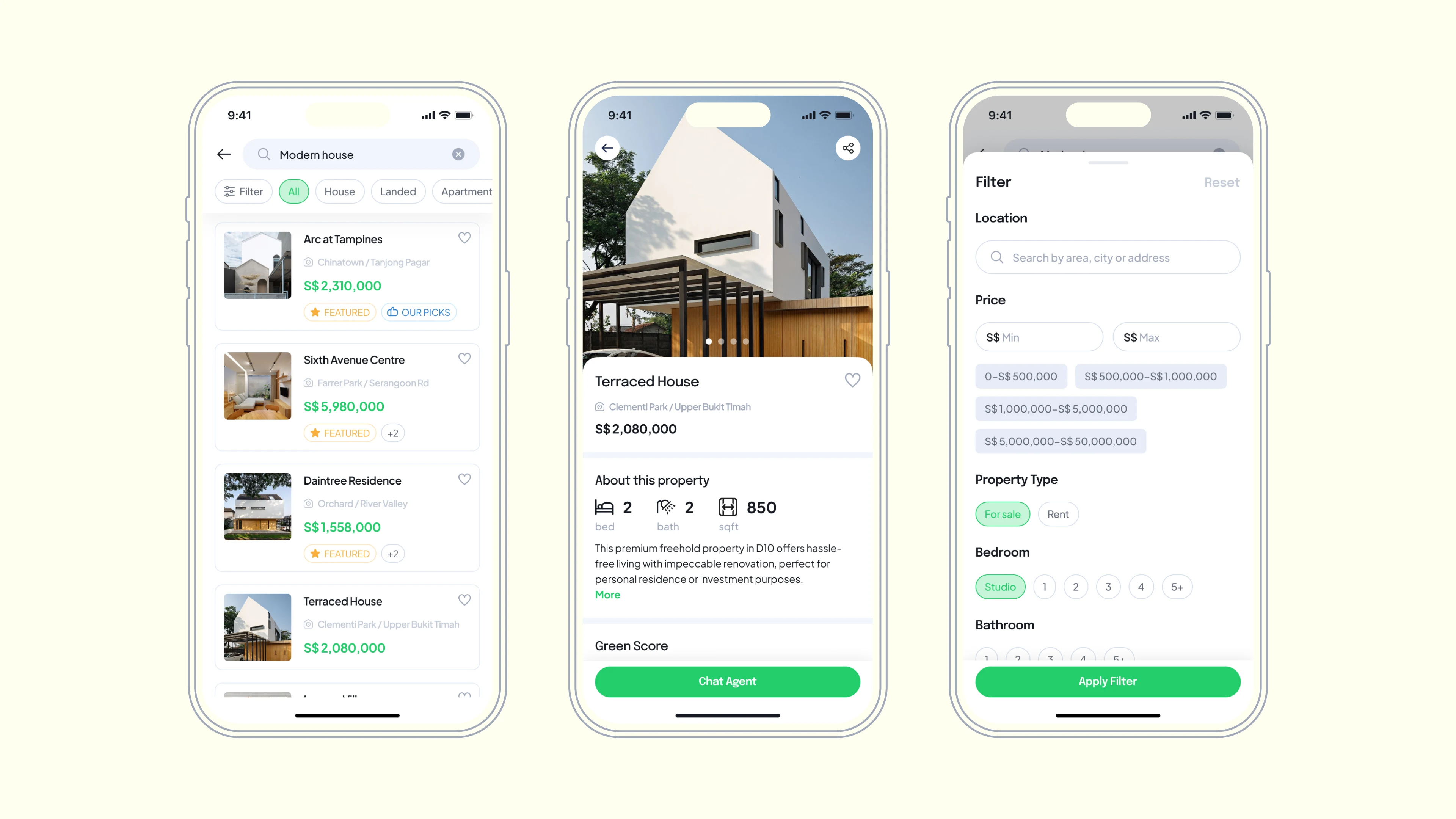 An elegant real estate mobile app displaying luxury property listings with detailed filters, prices, and property specifications.