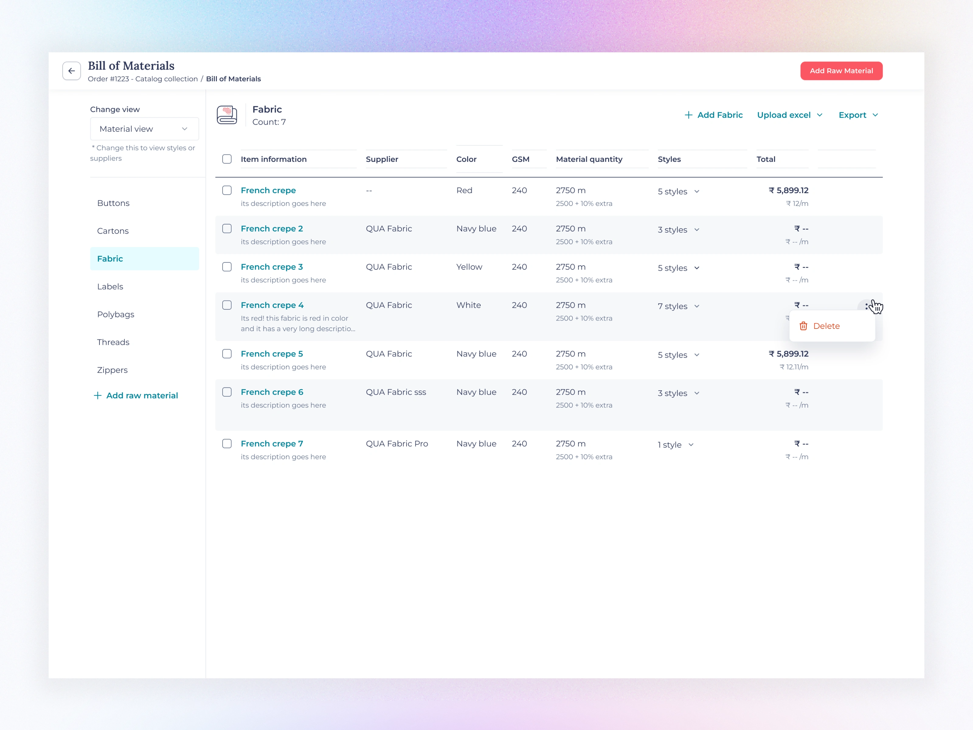 Material view Deleting [single row]