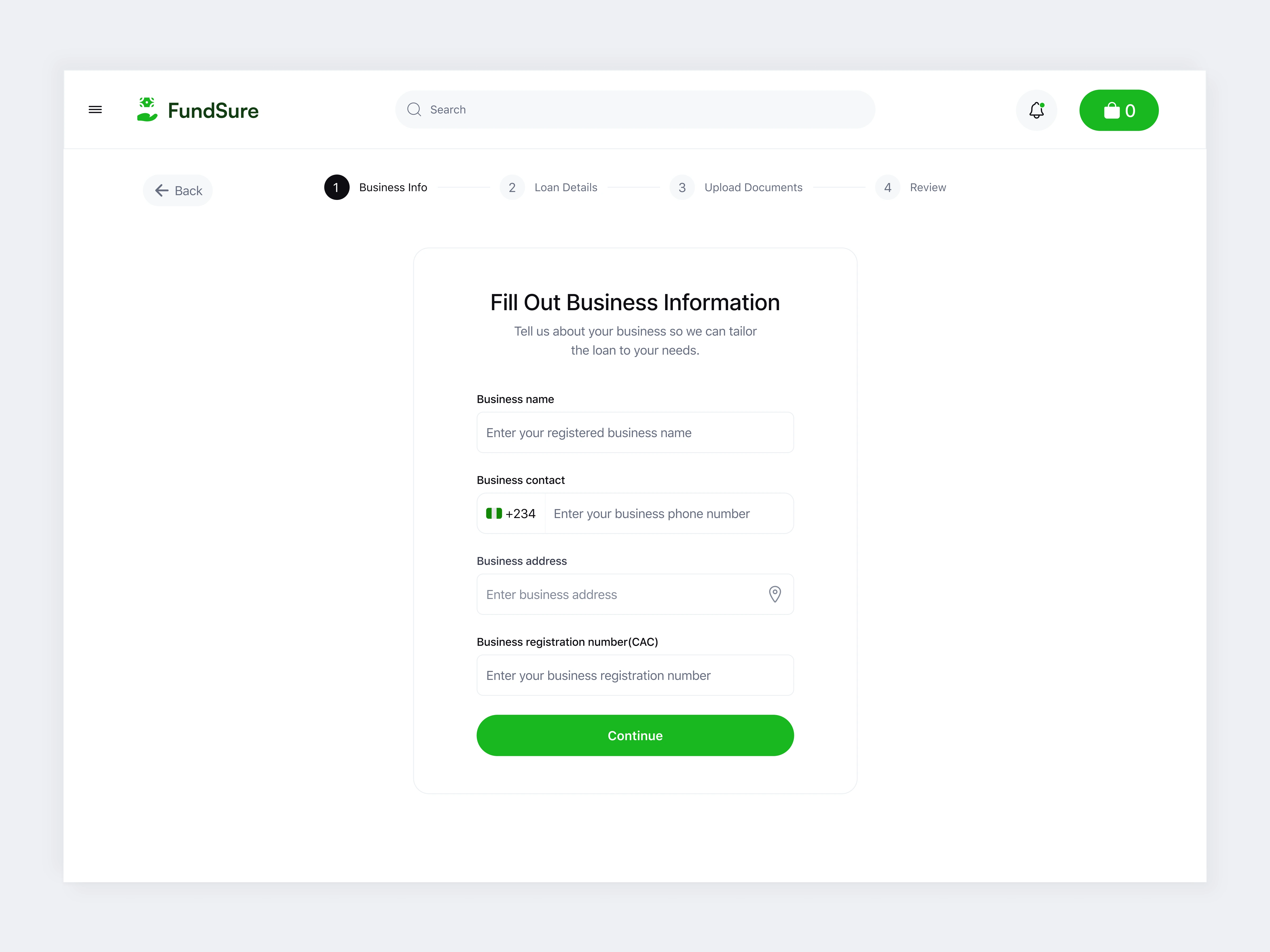 Loan form, step 1 - Fill in Business Details