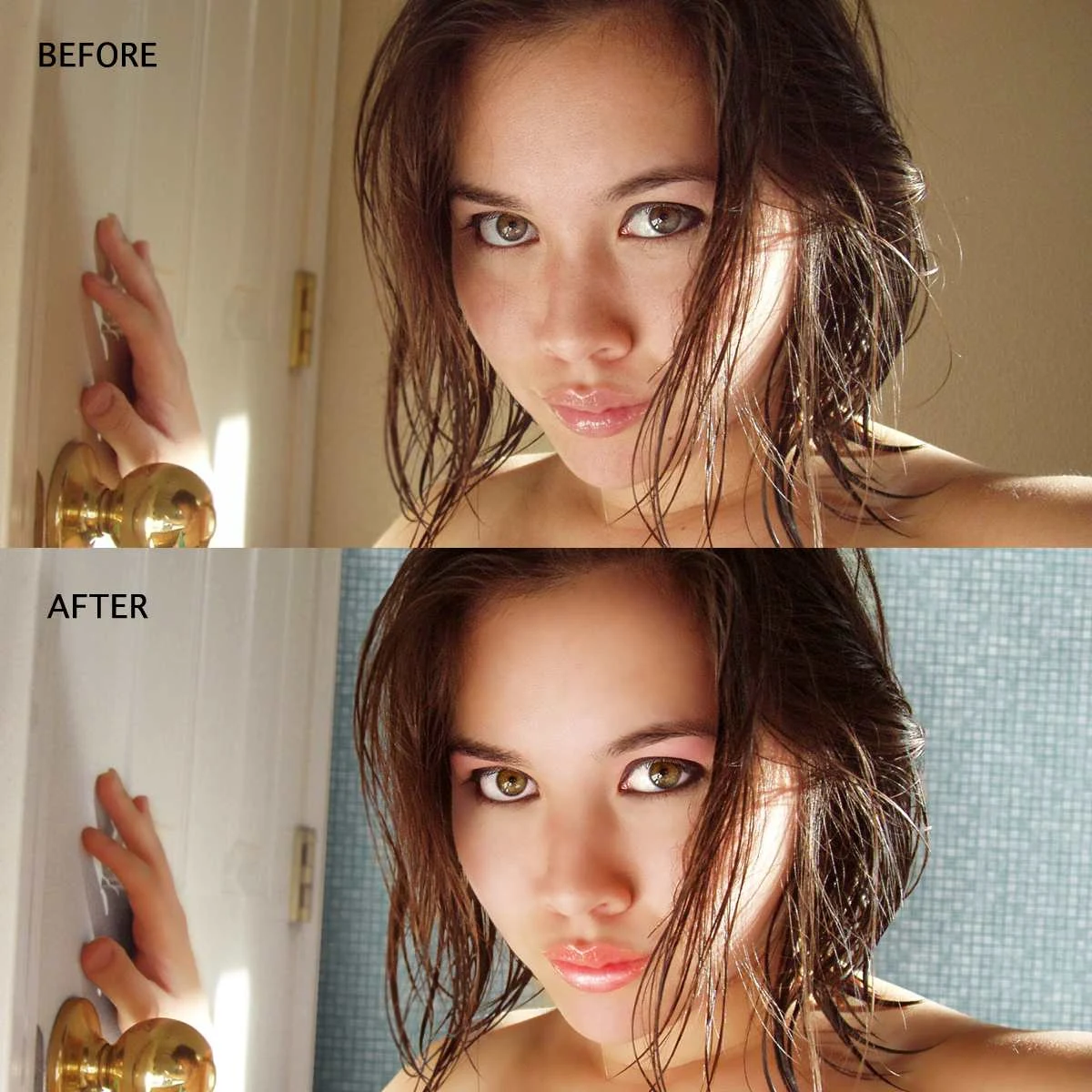 Color saturation, background replacement, light make-up application, and dramatic skin smoothing with use of manual dodging and burning,