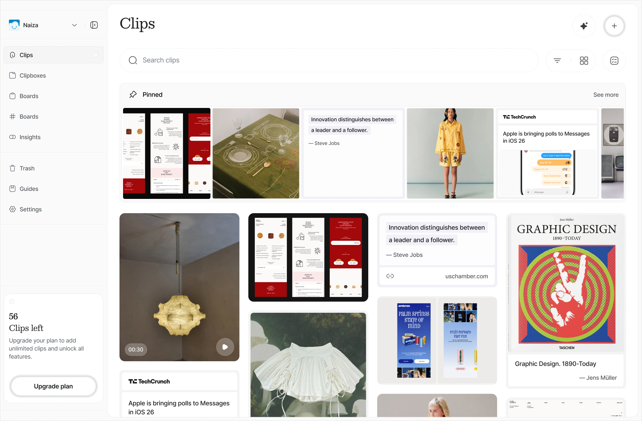 Main Dashboard with Pinned Clips